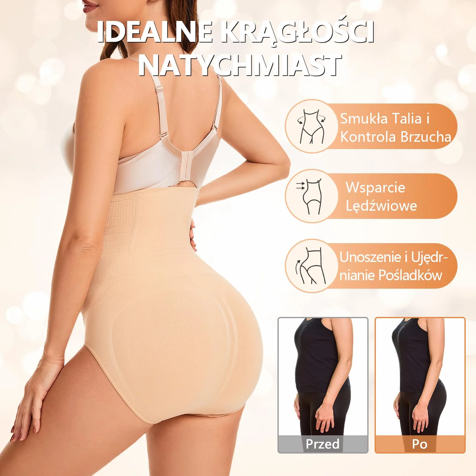 Damskie majtki modelujące z wysokim stanem, kontrola brzucha, bezszwowa bielizna korygująca sylwetkę, 90% nylon