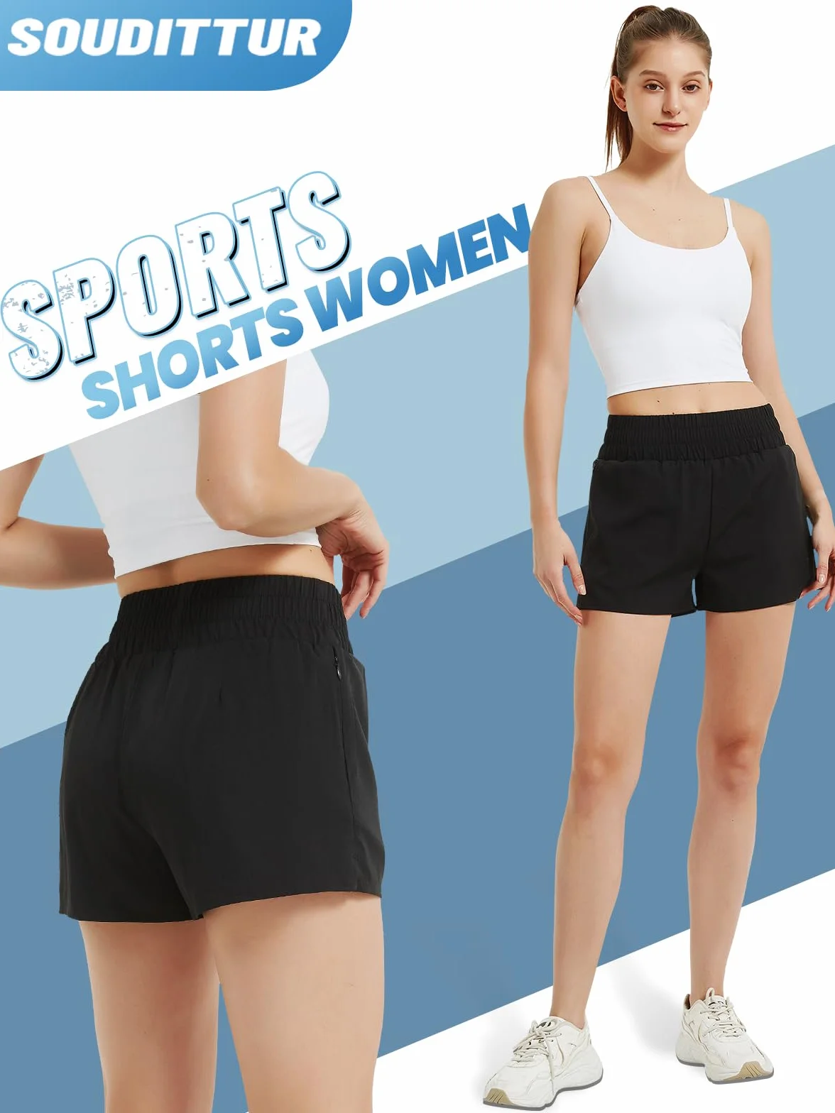 Soudittur Damskie spodenki do biegania, damskie spodenki sportowe 2 w 1 z kieszeniami, szybkoschnące na plażę, lato, siłownia, joga, fitness