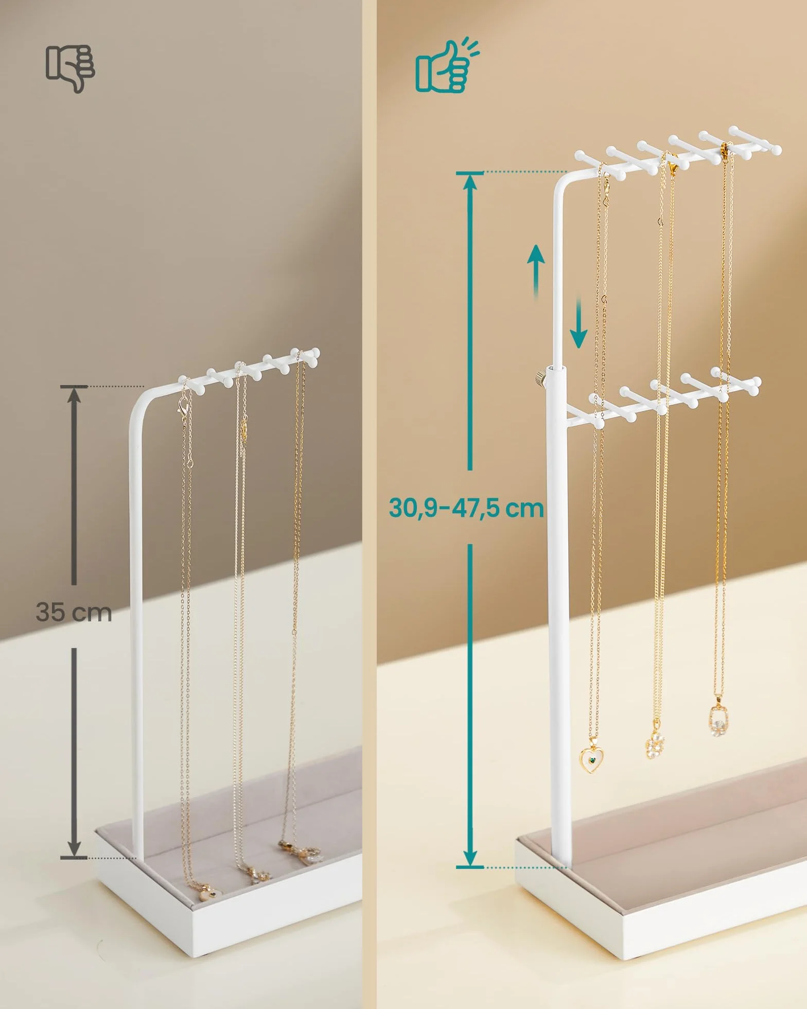 SONGMICS Stojak na biżuterię metalowa rama aksamitna tacka rozkładany wysokość 30,9-47,5 cm biel JJS026W01