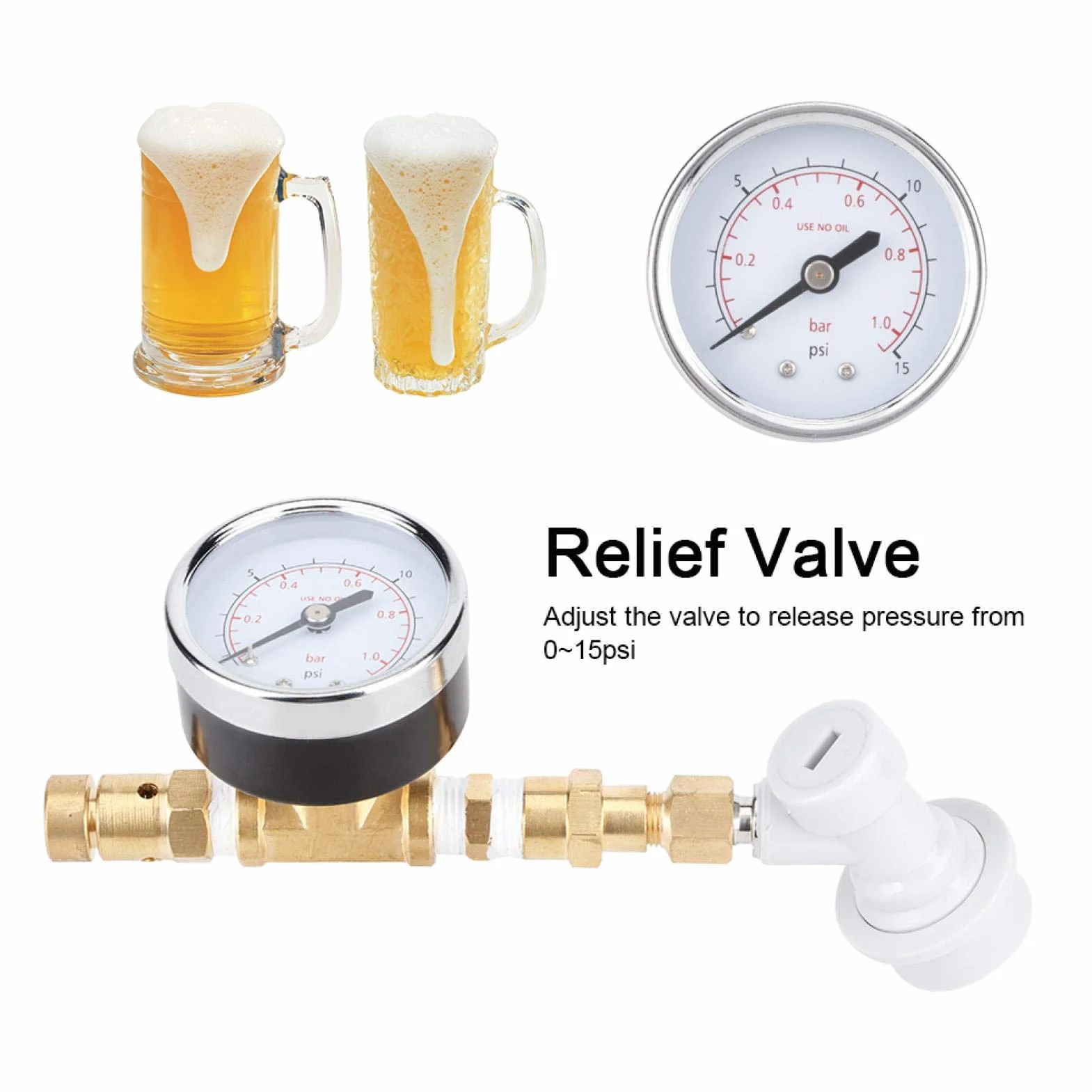 Homebrew zawór bezpieczeństwa, regulowany zawór bezpieczeństwa, zespół zaworu bezpieczeństwa, system zaparzania Blokada kulowa z manometrem 0-15 psi (0-1bar)