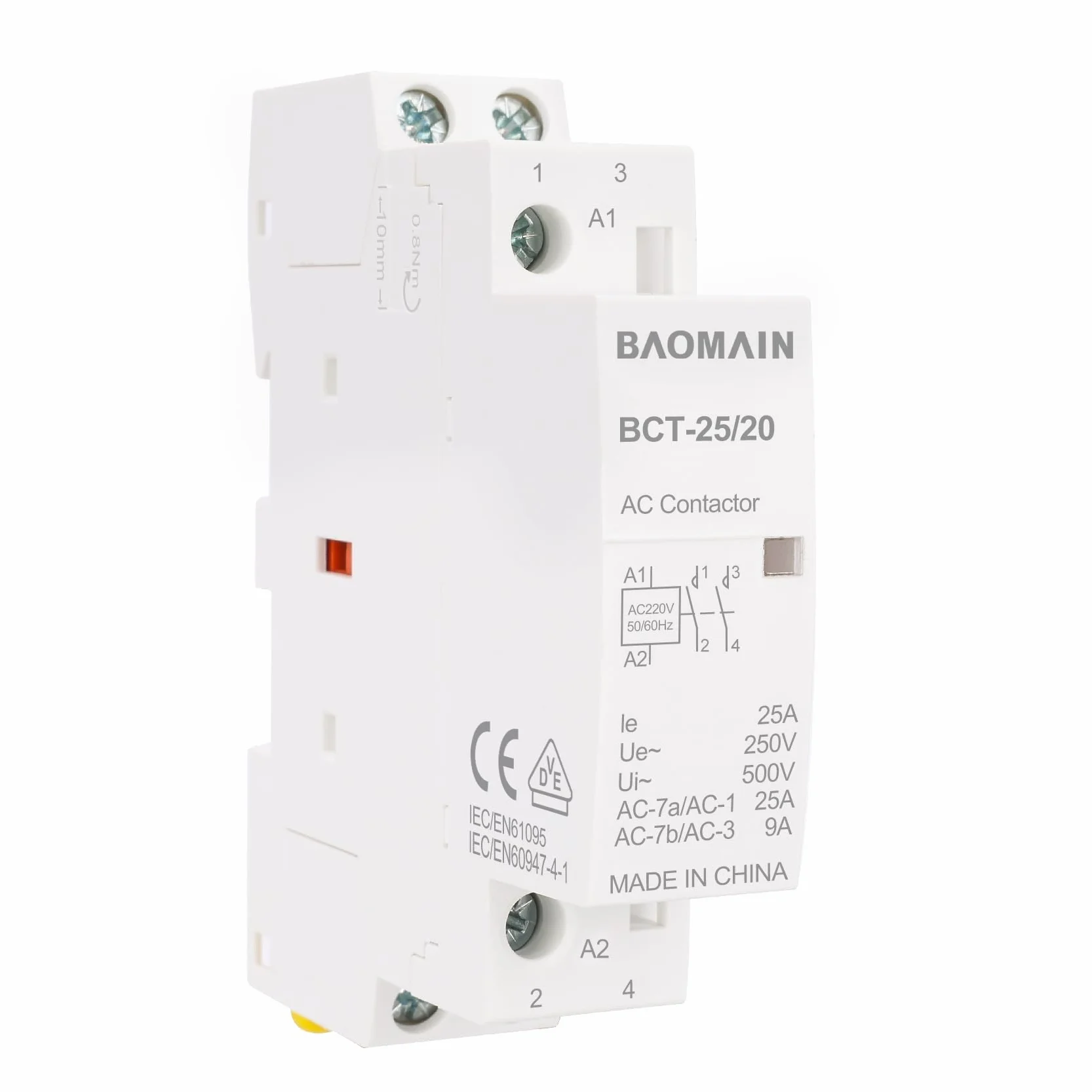 BAOMAIN Stycznik AC, 2-biegunowy 2NO, 25 A, AC 220 V Napięcie cewki, 35 mm Montaż na szynie DIN, zatwierdzony VDE, BCT-25/20