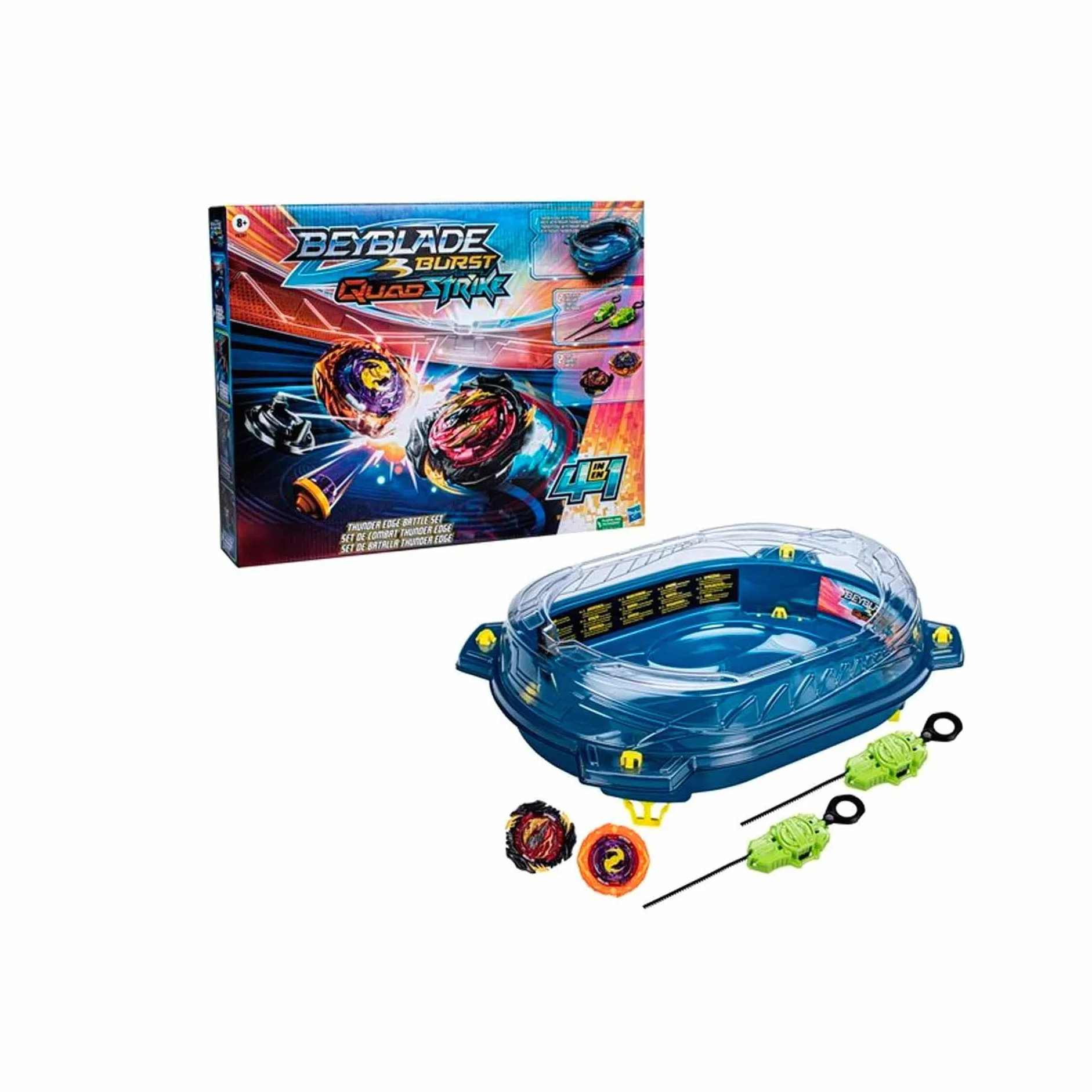 Hasbro Zestaw bitewny Beyblade Burst QuadStrike Thunder Edge z areną Beystadium, 2 zabawkowymi bączkami i 2 wyrzutniami dla graczy w wieku od 8 lat