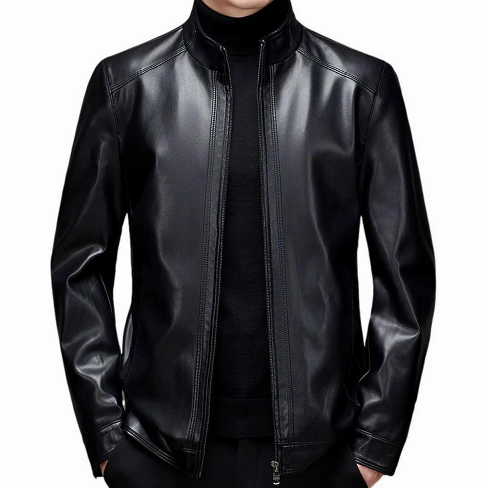 Kurtka Skórzana Męska Modny Płaszcz Motocyklowy z Kołnierzem Stojącym Slim Fit, na Jesień i Zimę