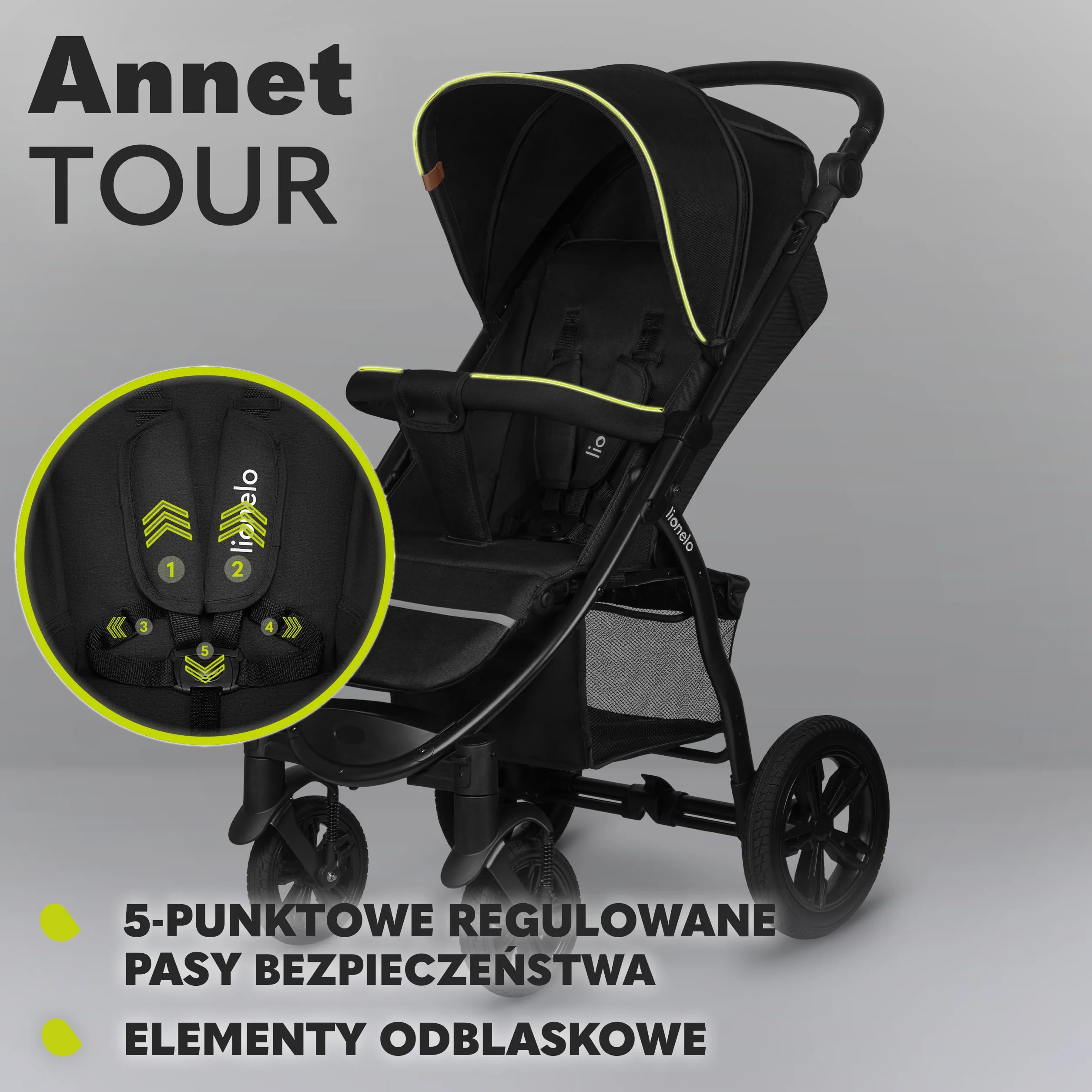 LIONELO Annet Tour Wózek Spacerowy do 22 kg, Regulacja Uchwytu, Regulacja Oparcia do Pozycji Leżącej, Bezobsługowe Duże Koła, Wodoodporna Budka XXL, 5-punktowe pasy, Kosz Zakupowy (Czarny)