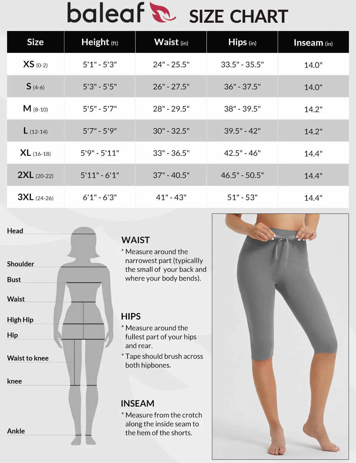 BALEAF Damskie legginsy Capri o długości do kolan, 35 cm, z kieszeniami, troczkami, szorty capri z wysokim stanem