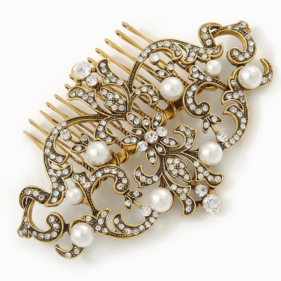 Avalaya Bridal/Wedding/Prom/Party Art Deco styl antyczny złoty odcień biała sztuczna perła i austriacki kryształ grzebień do włosów - 95 mm szer.