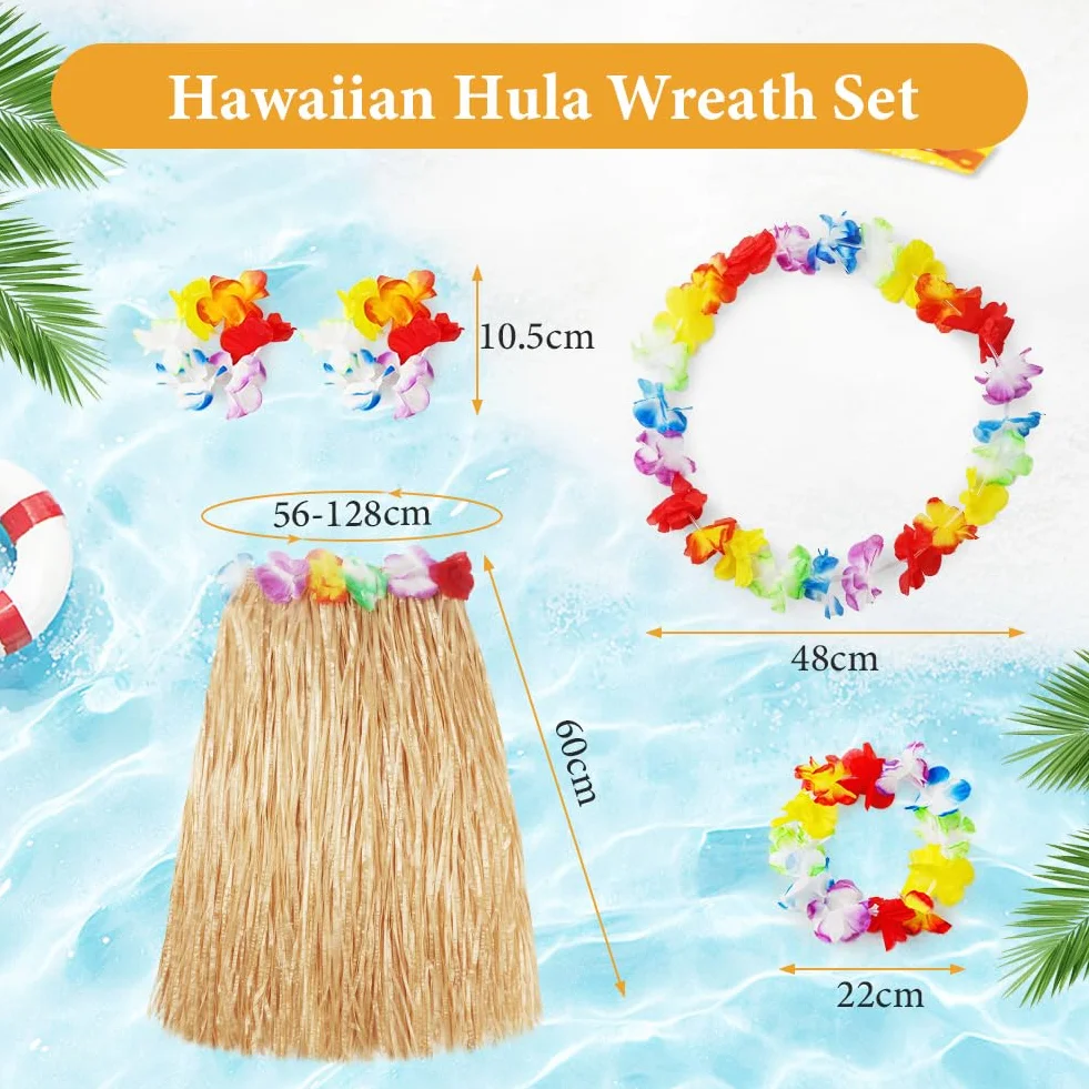 Aomig Hula Hawajska spódnica, 5 szt. Hawajska spódnica w kwiaty, kolorowe tropikalne kostiumy z wiązką, 40/60 cm Hawajskie kwiaty girlandy dla dzieci, dorosłych, kobiet letnia impreza na tropikalnej