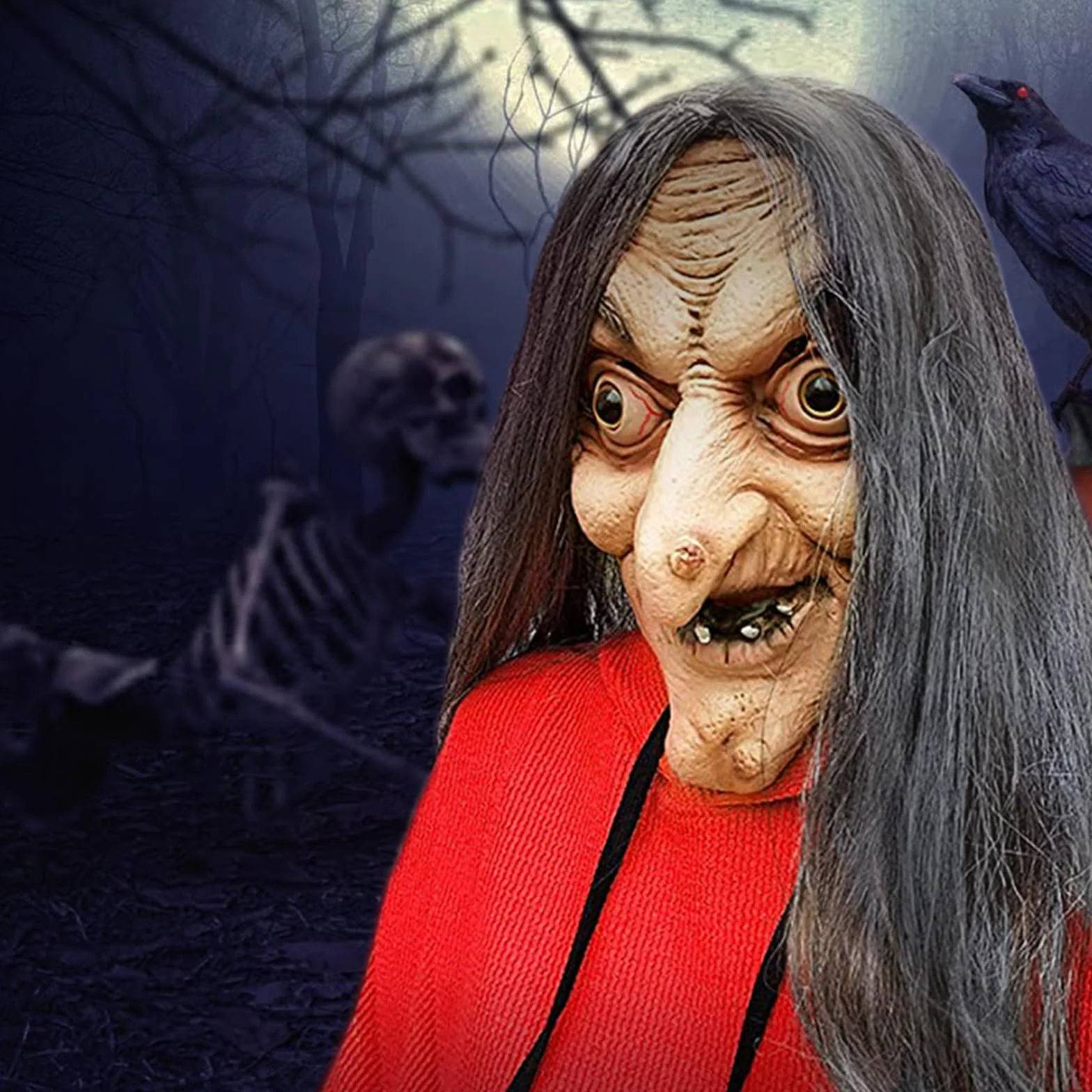 Maska czarownicy na Halloween, lateksowa, realistyczna, z długimi włosami