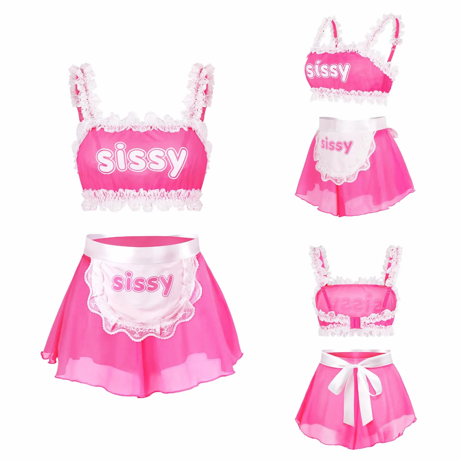 LittleForBig Unisex regulowana koronkowa bielizna nocna bielizna nocna z siateczki, odzież wypoczynkowa, Sissy Maid przezroczyste braletki rocked zestaw majtek ze zdejmowanym fartuchem
