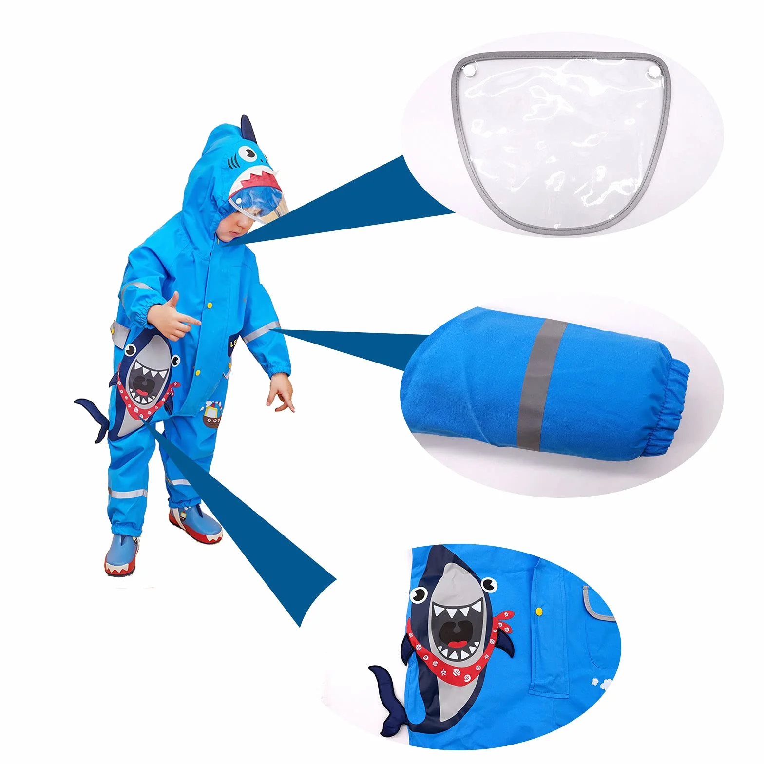 JinBei Garnitury dziecięce dla chłopców i dziewcząt wszystko w jednym, wodoodporne płaszcze przeciwdeszczowe z kapturem unisex, lekkie, urocze wzory 3D, kombinezony przeciwdeszczowe, oddychające