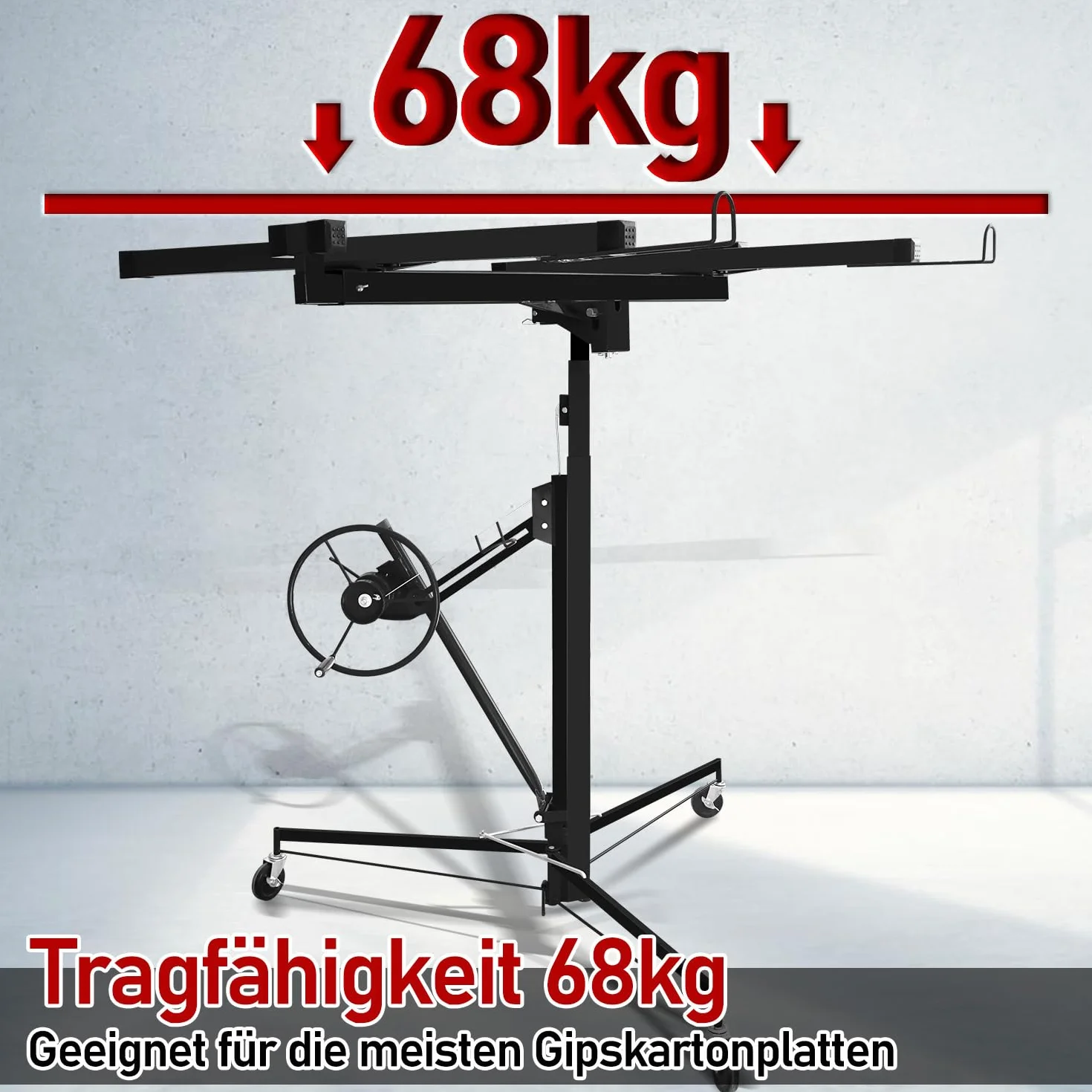 Podnośnik do płyt gipsowo-kartonowych, udźwig 68 kg, czarny, XXL, wysokość robocza 140 cm – 350 cm, maks. szerokość ramienia obciążeniowego 290 cm, regulacja wysokości