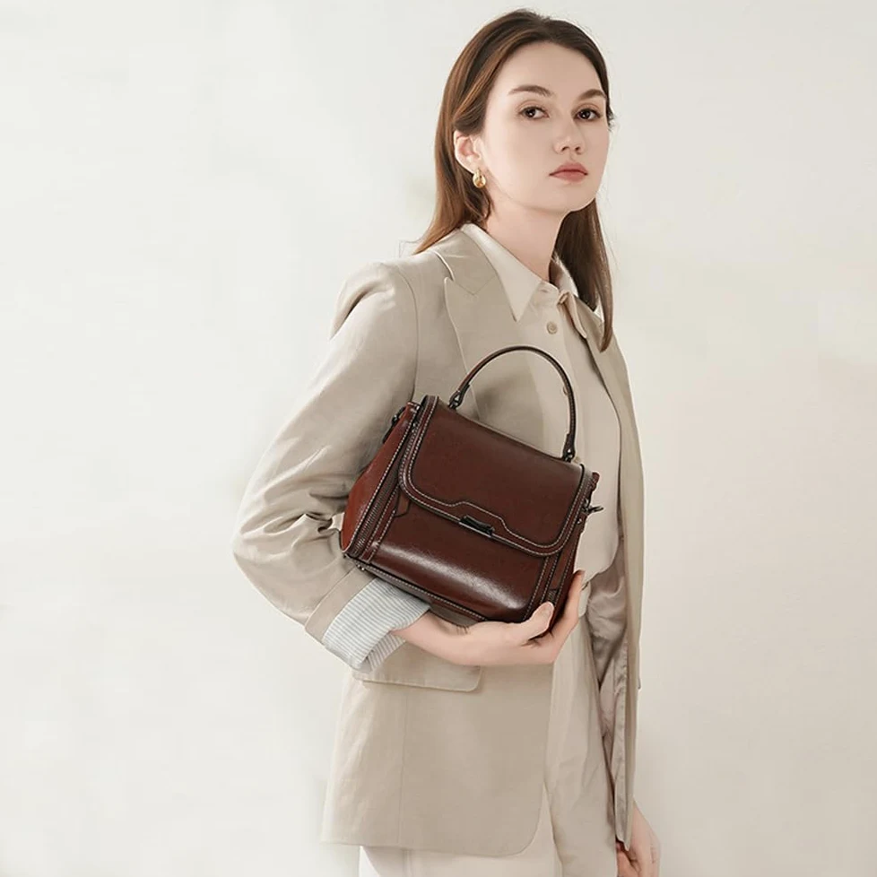 Damska torba na wiadro z prawdziwej skóry | Zamienna ręka, ramię i poprzeczka | Stylowy do pracy i codziennego użytku | Praktyczny futerał premium, Kawa, Taille unique, Plecak