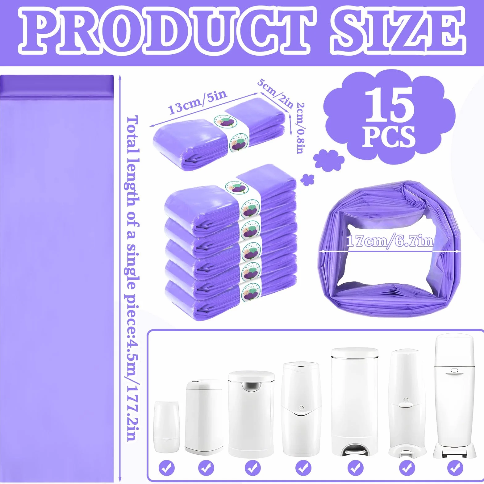 Zestaw 15 wkładów do kosza na pieluchy 4,5 m – Kompatybilne z Tommee Tippee Twist & Click, Sangenic Tec, Simplee – Szczelne, Materiał EVOH, Ekologiczne & Fioletowa folia zapachowa