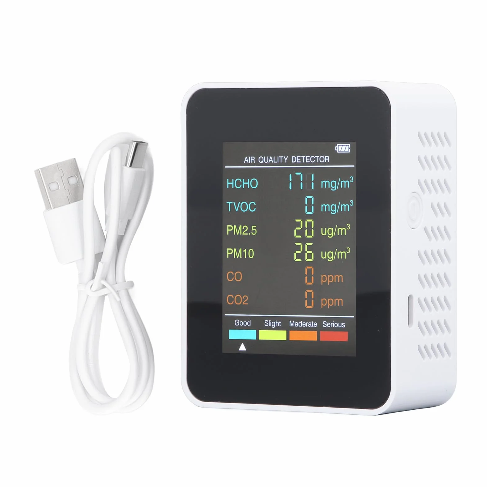 Monitor CO2, Mierniki Jakości Powietrza w Pomieszczeniach Przenośny Detektor Dwutlenku Węgla, Podświetlany Ekran LCD CO2 TVOC HCHO PM2.5 PM10 Tester z Budzikiem, do Domu, (WHITE)