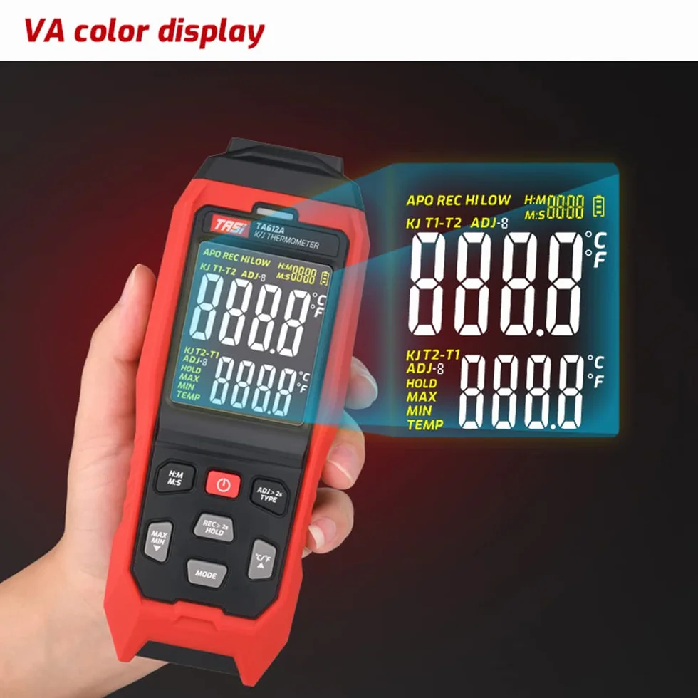 TA612C termometr termoelementowy typu K/J z 4 kanałami -200~1372℃/-328~2501℉ cyfrowy ręczny miernik temperatury LCD 5000 grup, przechowywanie danych z przesyłaniem danych USB i pomiarem w czasie rzeczywistym