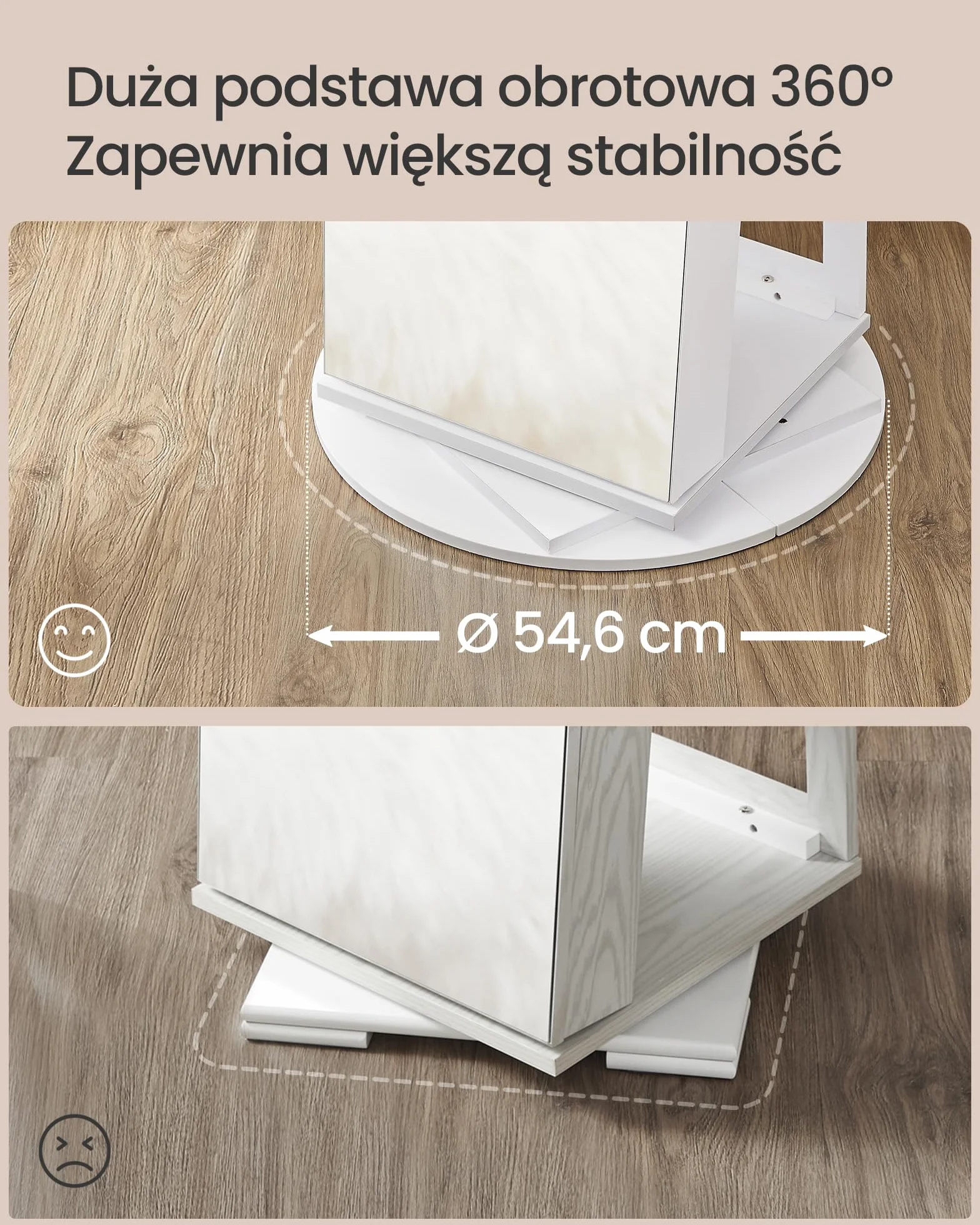 SONGMICS Szafa na biżuterię, szafa lustrzana, z lustrem bez ramy na całej długości, 3 półki, obracana o 360°, zamykana, biała JJC007W01
