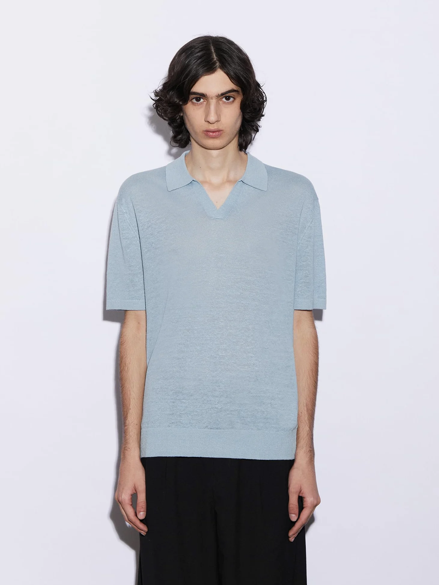 Diana Studio 100% lniana koszulka polo bez guzików, męska, z krótkim rękawem, casualowy, XL, jasnoniebieski