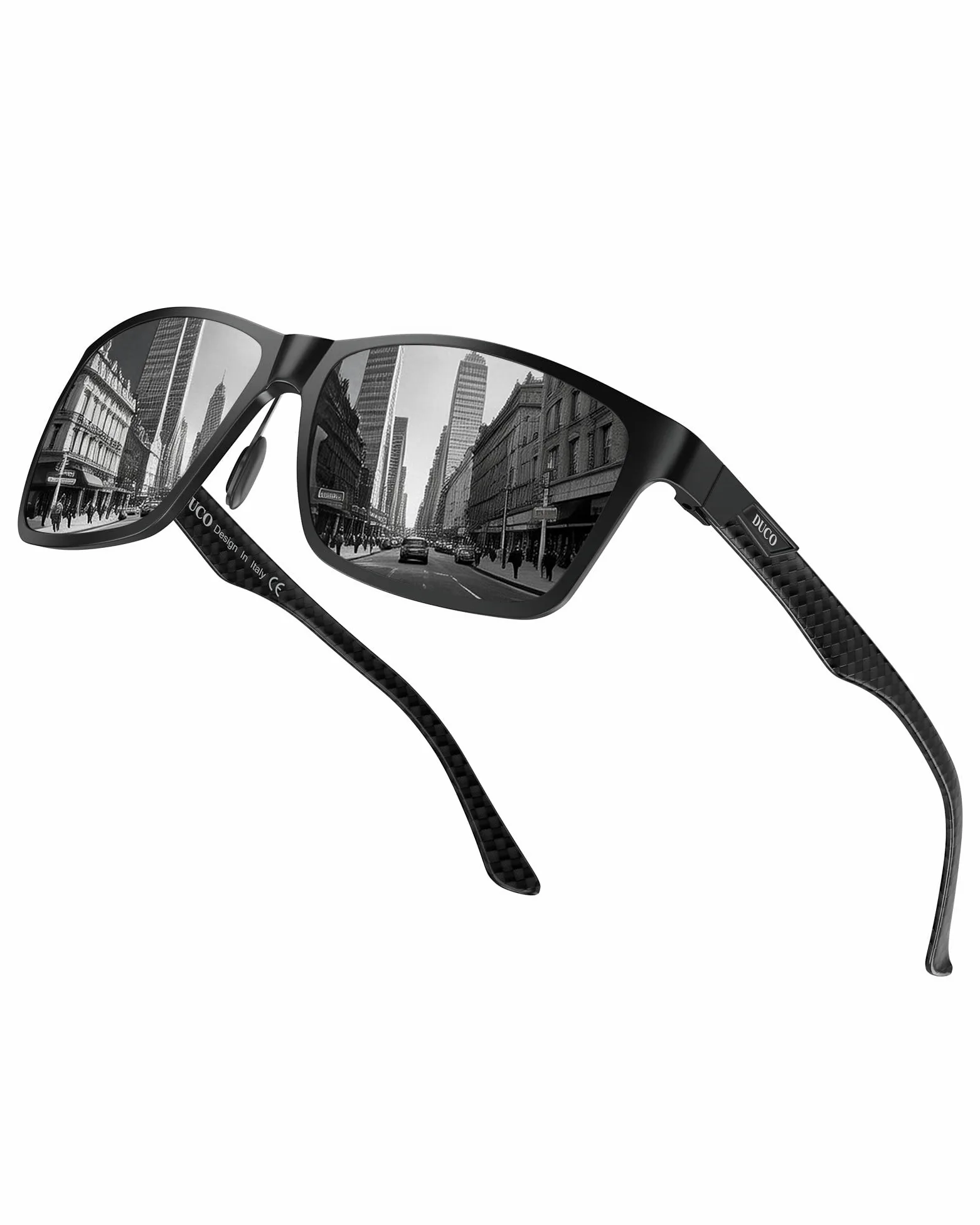 DUCO Męskie polaryzacyjne okulary przeciwsłoneczne z prostokątną metalową oprawką i włóknem węglowym, nogi UV400 CAT 3 8206 | UV400, antyodblaskowe, do jazdy, jazdy na rowerze i wędkarstwa, zauszniki z włókna węglowego