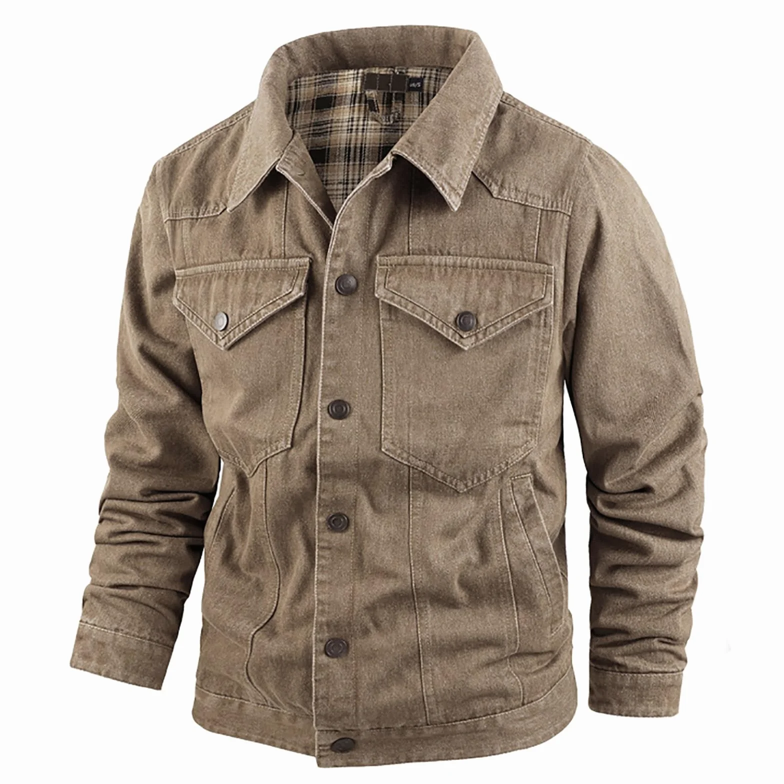 Męska Kurtka Dżinsowa w Kratę z Podszewką Snap Cowboy-Cut Western Classic Slim Fit Vintage Jacket Trucker Coat Brązowa Kurtka Dżinsowa Męska Kurtka z Odkrytymi Klapami z Przodu