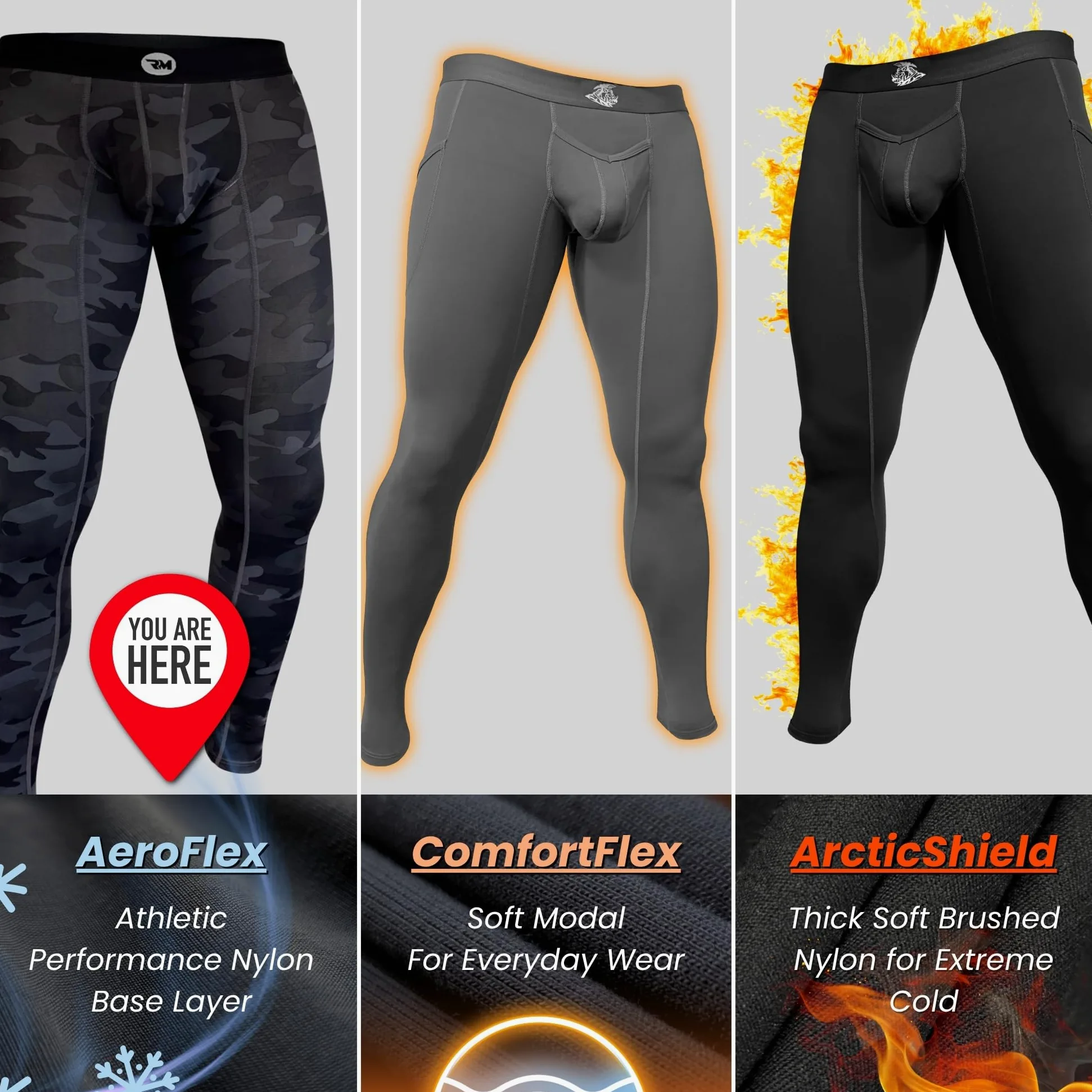Real Men ABCD Pouch Spodnie kompresyjne, 1, 2 i 3 sztuki, męskie legginsy, spodnie do jogi, rajstopy, warstwa bazowa dla mężczyzn na zimną pogodę