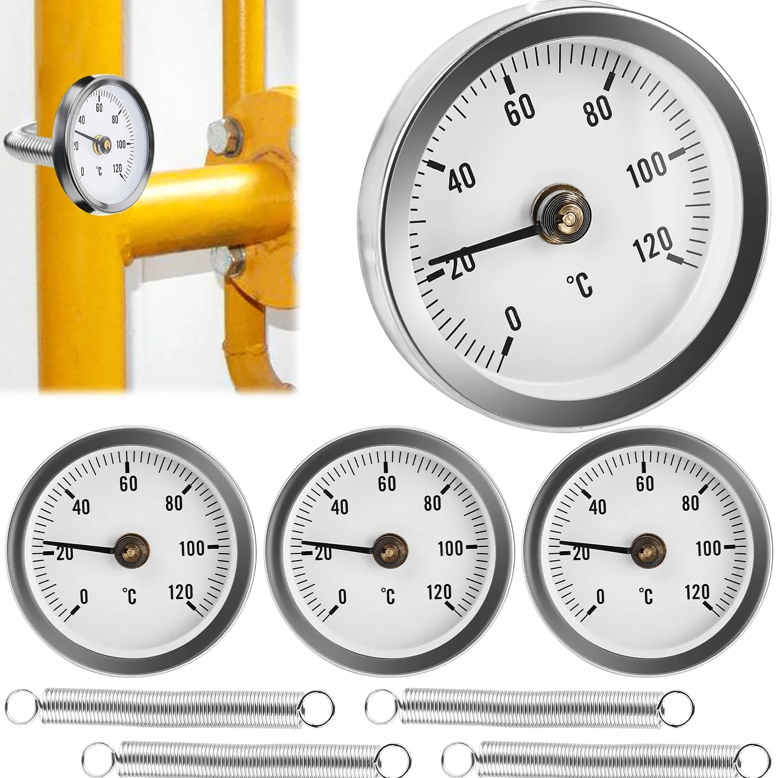 GOMETY Termometr do montażu rur grzewczych, termometrów grzewczych, termometrów przemysłowych, 0-120°C, 63 mm, do instalacji grzewczych i kotłów, wskaźnik temperatury