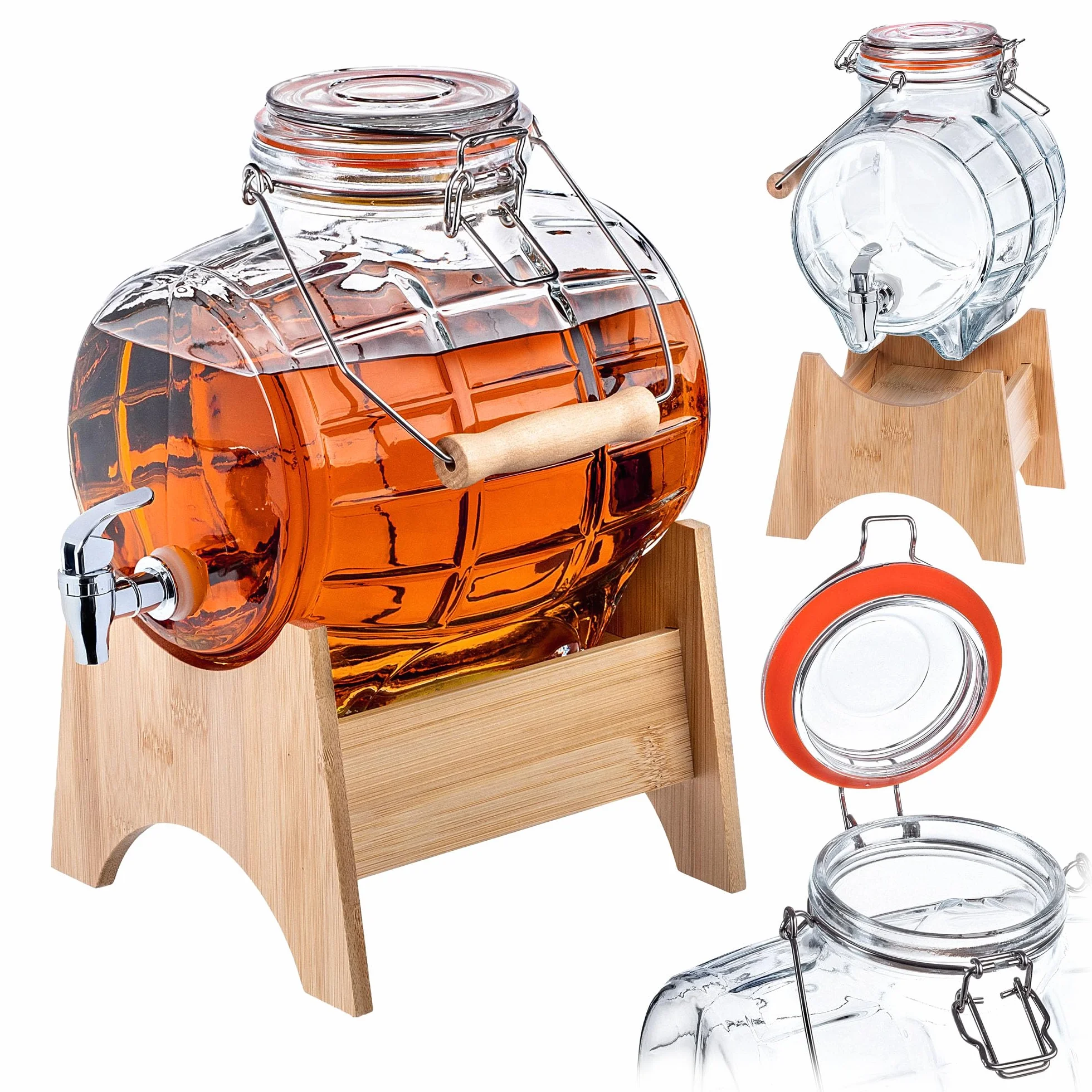 KADAX Beczka 5 l z kranikiem, dozownik do napojów ze szkła, beczka z kranikiem, przezroczysty dozownik z drewnianą podstawką, dozownik alkoholu, idealny do whisky, brandy, soków (model 1)