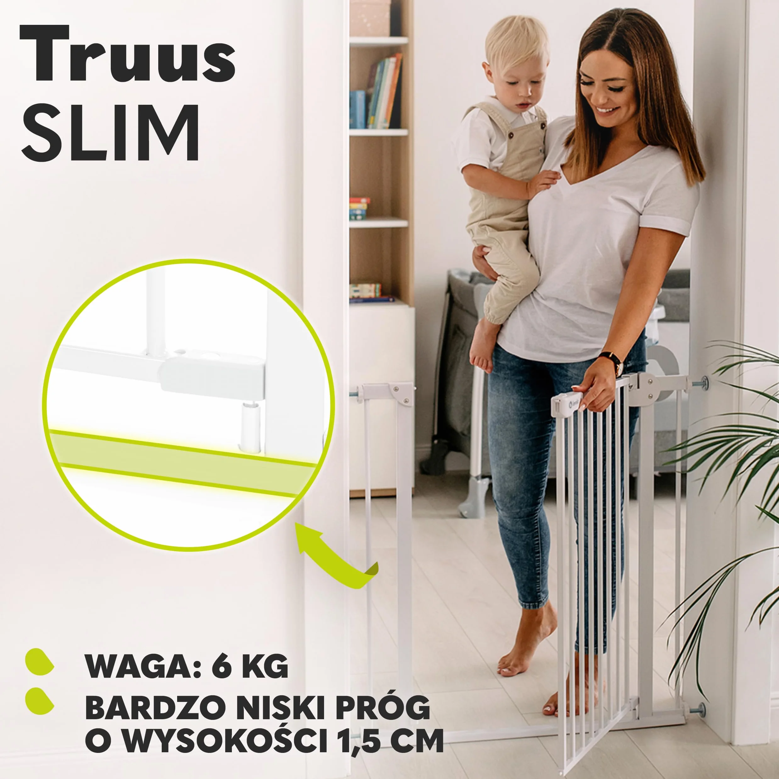 LIONELO Truus Slim kratka ochronna do drzwi dla niemowląt, do zaciskania 75-105 cm, biała, 5 kg, regulowana szerokość, silikonowe osłonki, funkcja AutoStop i samozatrzasku