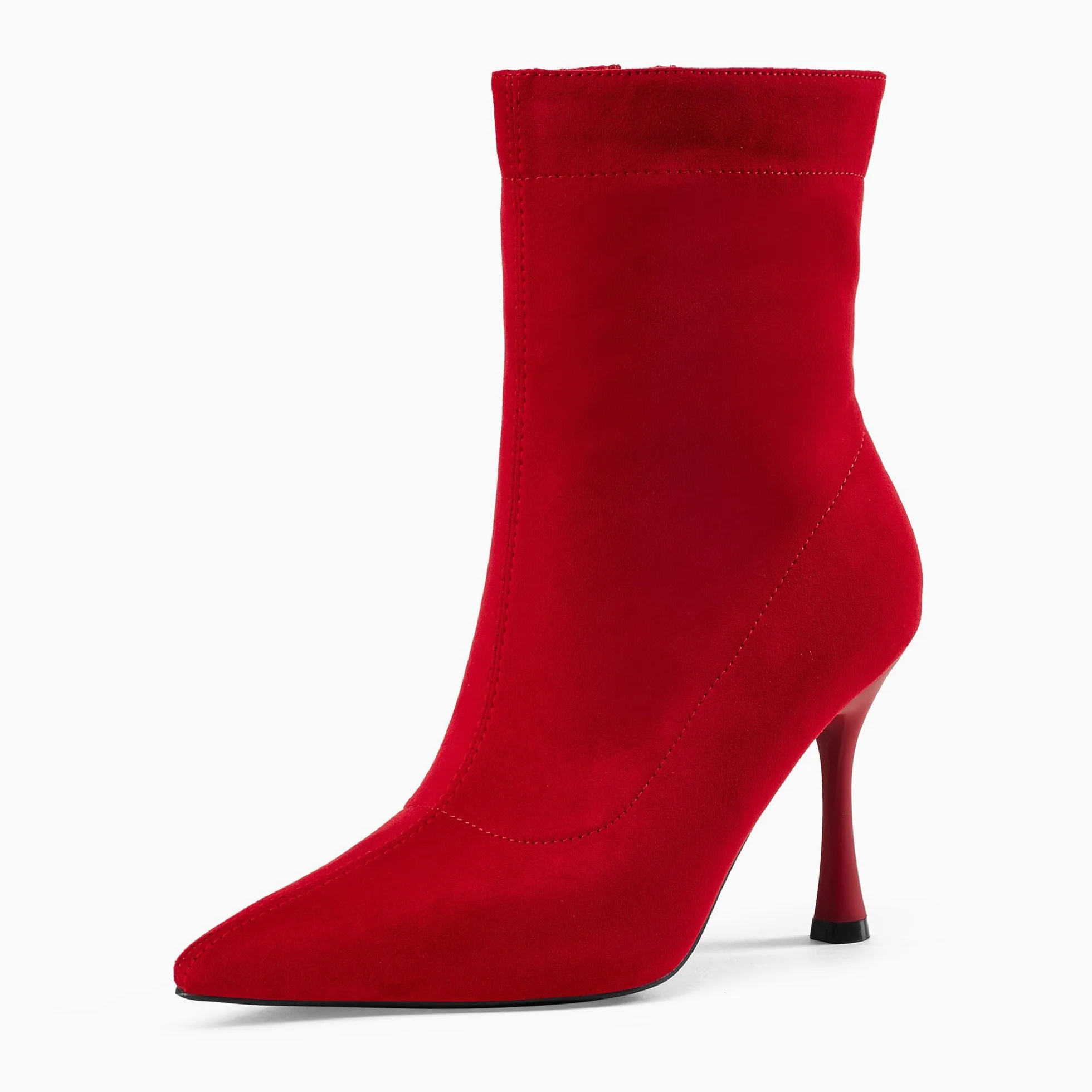 Damskie botki 9 cm szpiczasty nosek - średni obcas szpilki buty robocze dla kobiet modne krótkie buty czarne 8, Czerwony zamsz, 39 EU