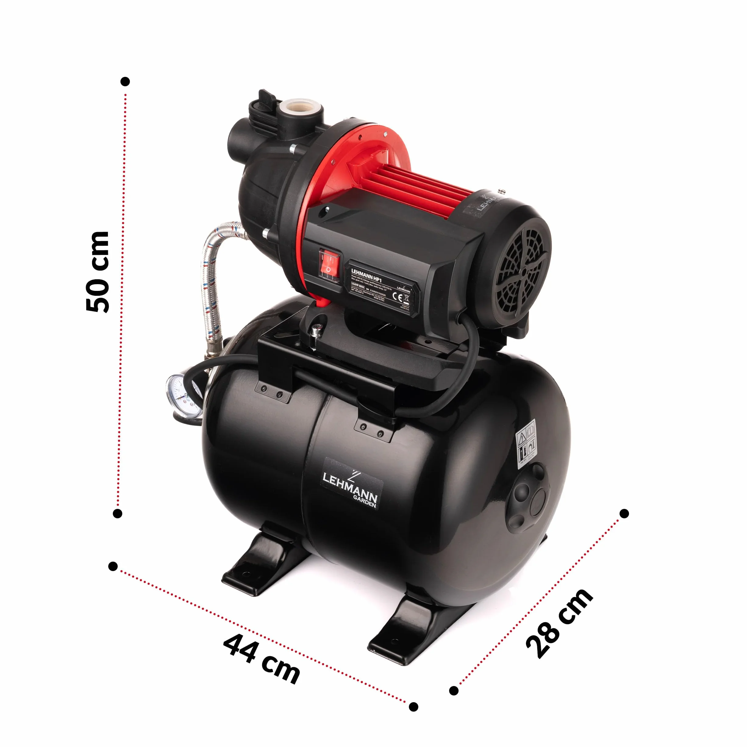 LEHMANN Hydrofor domowy HP1, 800 W, 5200 l/h, zbiornik ciśnieniowy ze stali nierdzewnej 19 l, wysokość tłoczenia 43 m, silnik bezobsługowy, samozasysający, zabezpieczenie przed pracą na sucho
