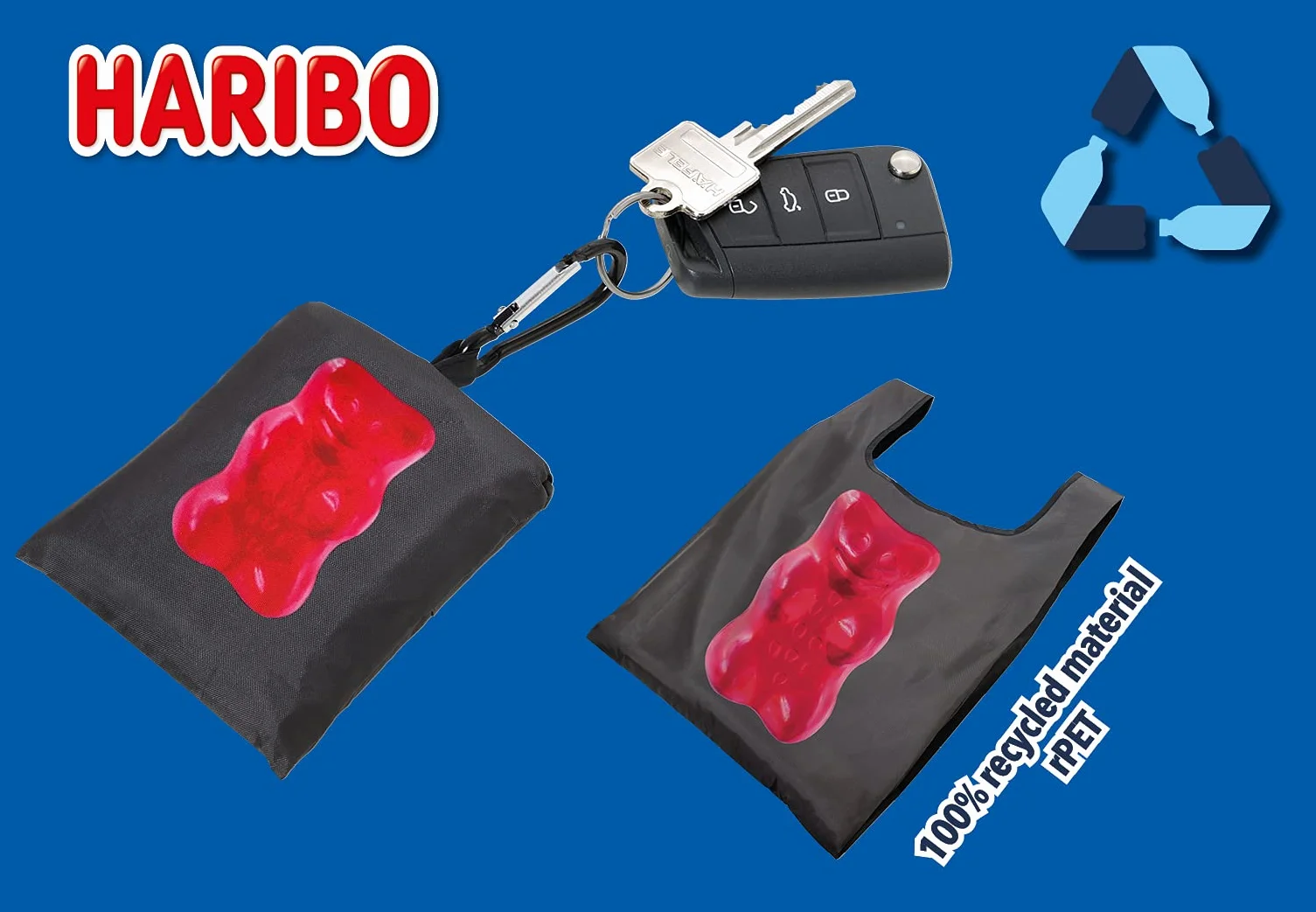 Troika Haribo Happy Shopping Bag breloczek do kluczy z torbą na zakupy z aluminium/rPET w kolorze czarno-czerwonym, wymiary: 49,5 cm x 32 cm x 0,3 cm, HB-K08/BK, 10 kg, czarny, czerwony, 10 kg, klasyczny
