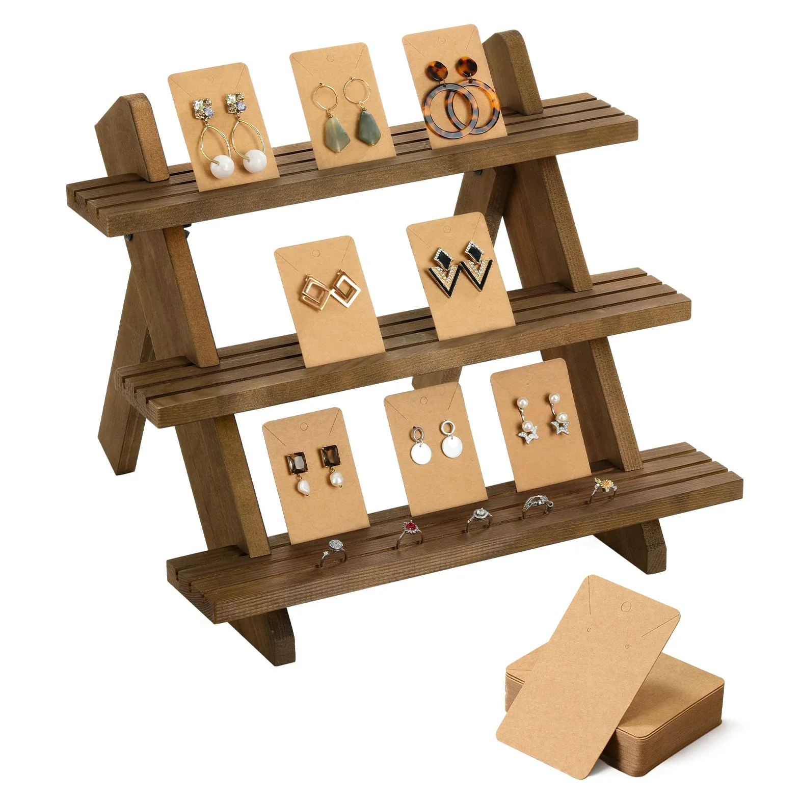 Emibele 3-Tier Wooden Earring & Ring Holder Organizer, Cascading Showcase Jewelry Stand, Brown