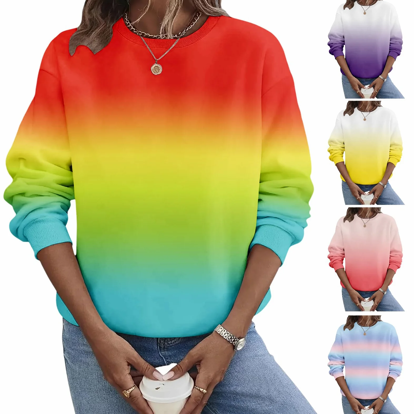 Damskie bluzy z długim rękawem oversize gradientowe 2/3/5/10 szt. topy z okrągłym dekoltem sweter jesień modne koszulki