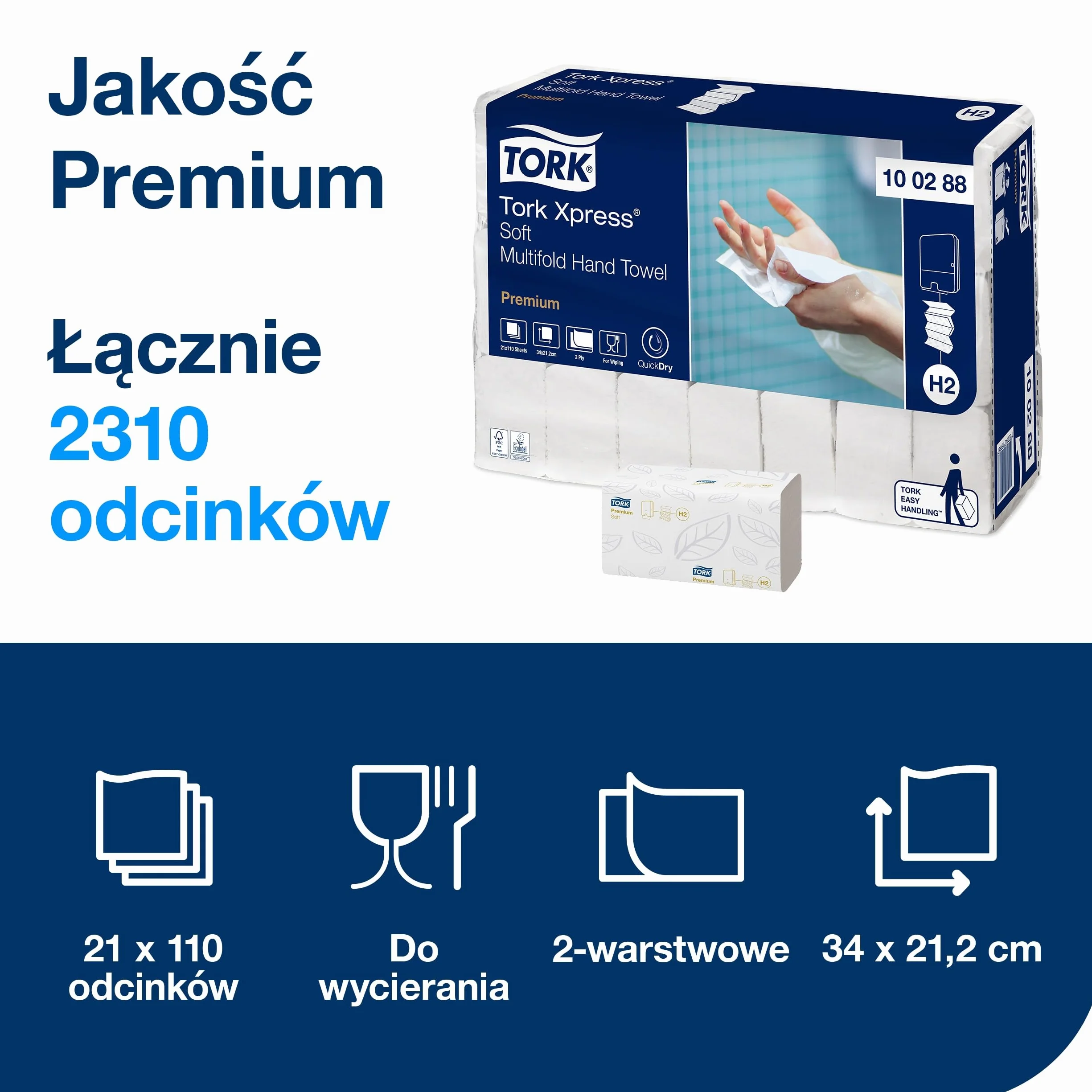 Tork Xpress miękkie ręczniki Multifold (w składce wielopanelowej) H2, białe, jakość Premium, 2-warstwowe, QuickDry, 21 × 110 odcinków, 100288