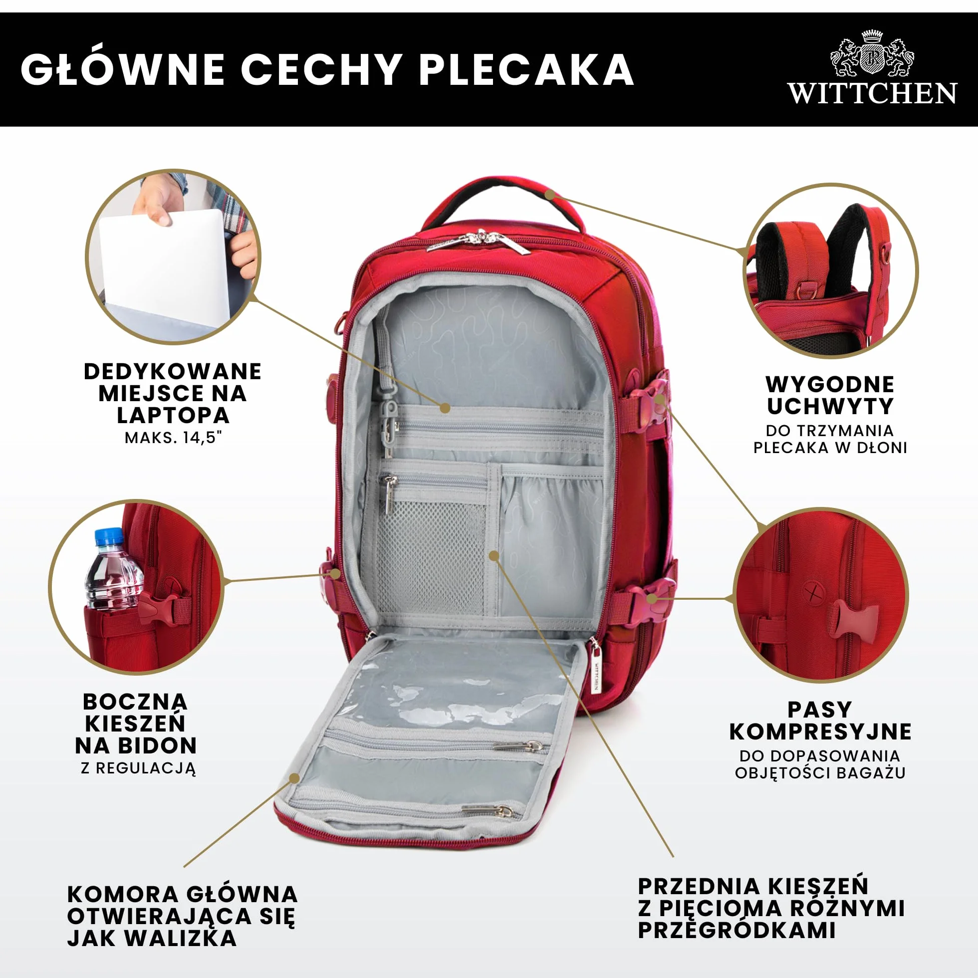 WITTCHEN Poszerzany plecak do samolotu | Plecak podręczny 32 l | Wodoodporny plecak na laptopa 17 cali | Plecak podróżny w rozmiarze kabinowym | 47 × 32 × 14–18 cm