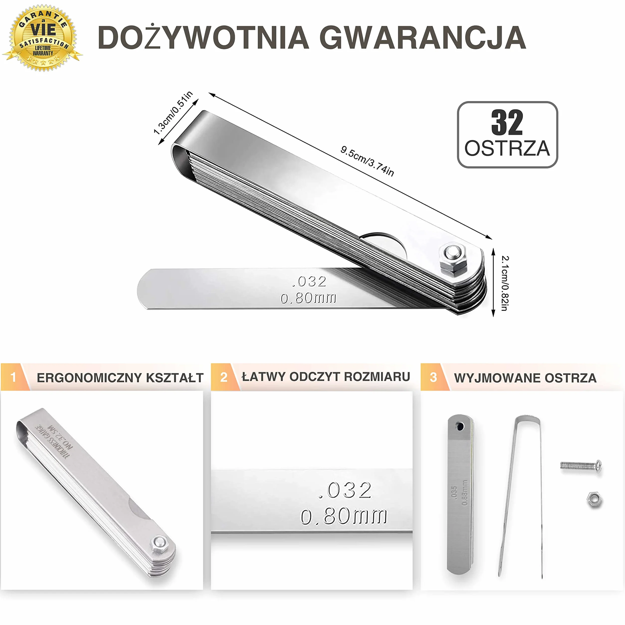 Szczelinomierz - Zestaw 32 Listków, 90 mm długości - ✮DOŻYWOTNIA GWARANCJA✮ - Precyzyjny Składany Szczelinomierz Precyzyjny do Dźwigni Zaworowych, Silnika Samochodu, Świec Zapłonowych