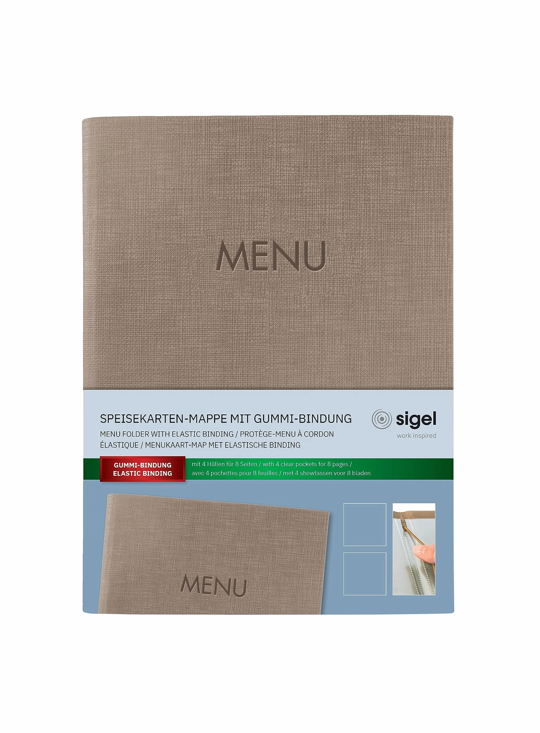 SIGEL SM211 teczka na menu z elastycznym sznurkiem, z 2 przezroczystymi kieszeniami na 8 arkuszy DIN A5, menu tłoczone, ciemnobeżowy