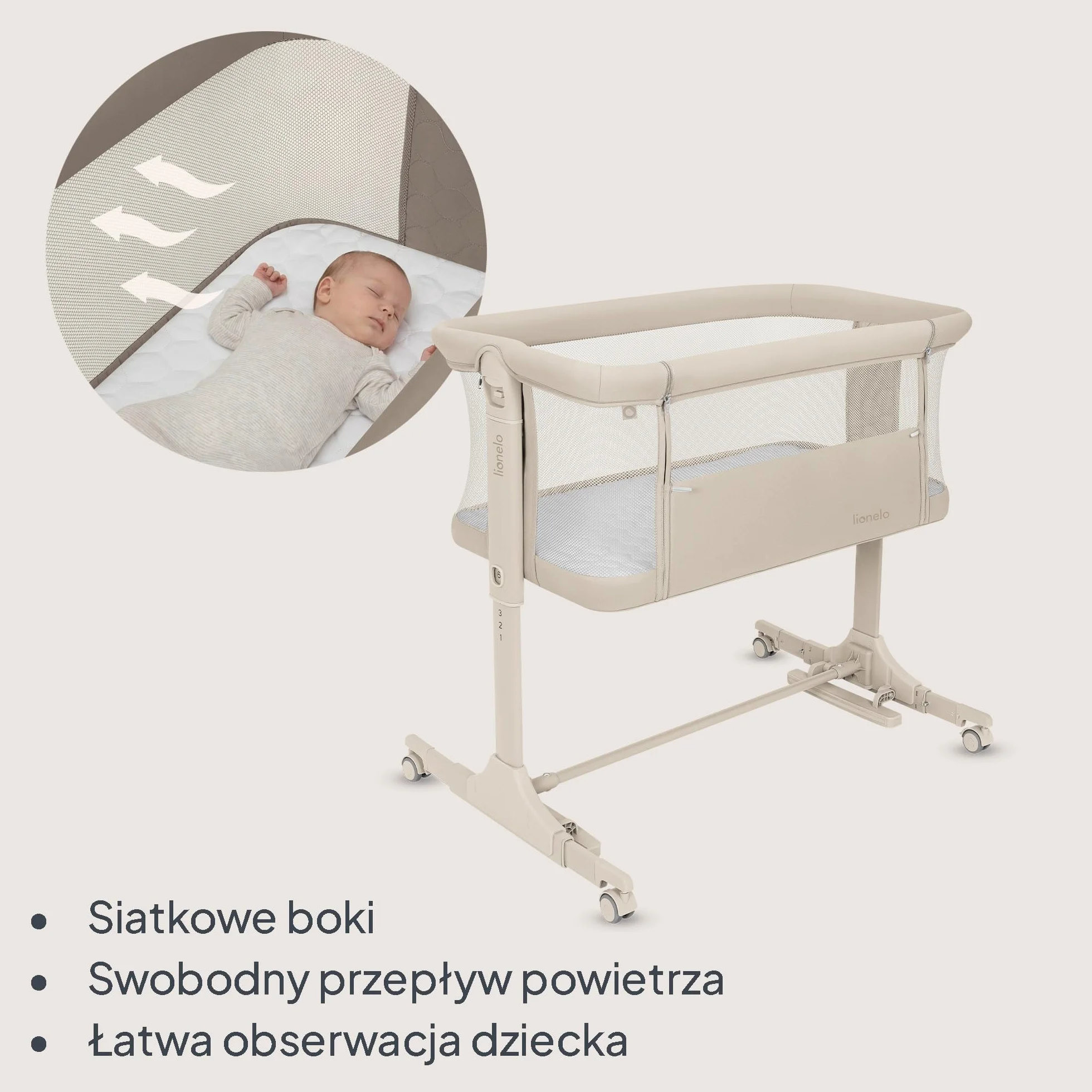 lionelo PARI łóżeczko nocne, łóżeczko dziecięce, 3 w 1, regulowane łóżeczko nocne, 6 poziomów, kołysanie, pochylany materac, siatka, zamykane kółka, torba podróżna