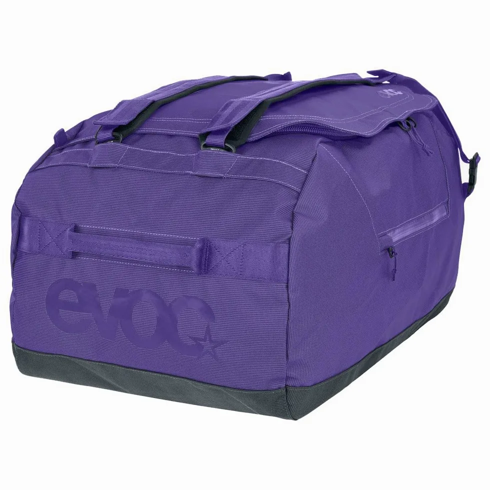 EVOC DUFFLE BAG 60 Wodoodporna torba podróżna i na sprzęt (torba podróżna z odpinanym paskiem do noszenia, uniwersalnym zastosowaniem i zamkiem, bez PVC, rozmiar M), fioletowo-czarna