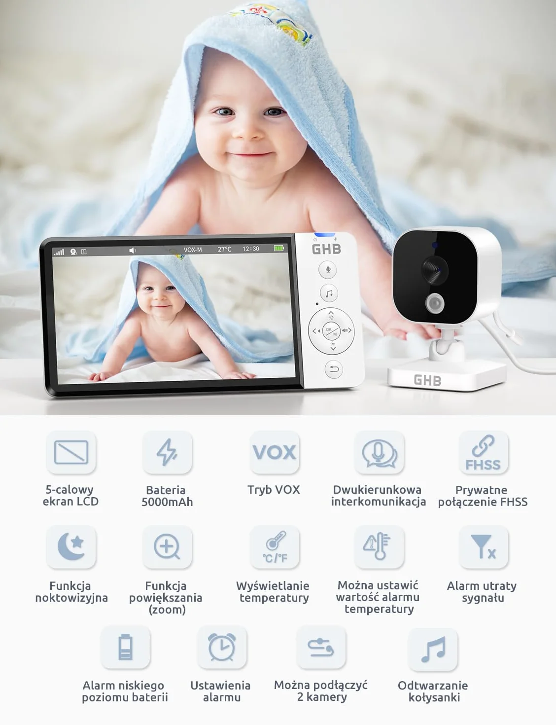 GHB Monitor dla Niemowląt z Kamerą Niania elektroniczna 5 Cali 720p HD 5000mAh Wyświetlacz IPS Tryb VOX Nocnego Widzenia Kolysanki Dwukierunkowa interkomunikacja Czujnik Temperatury