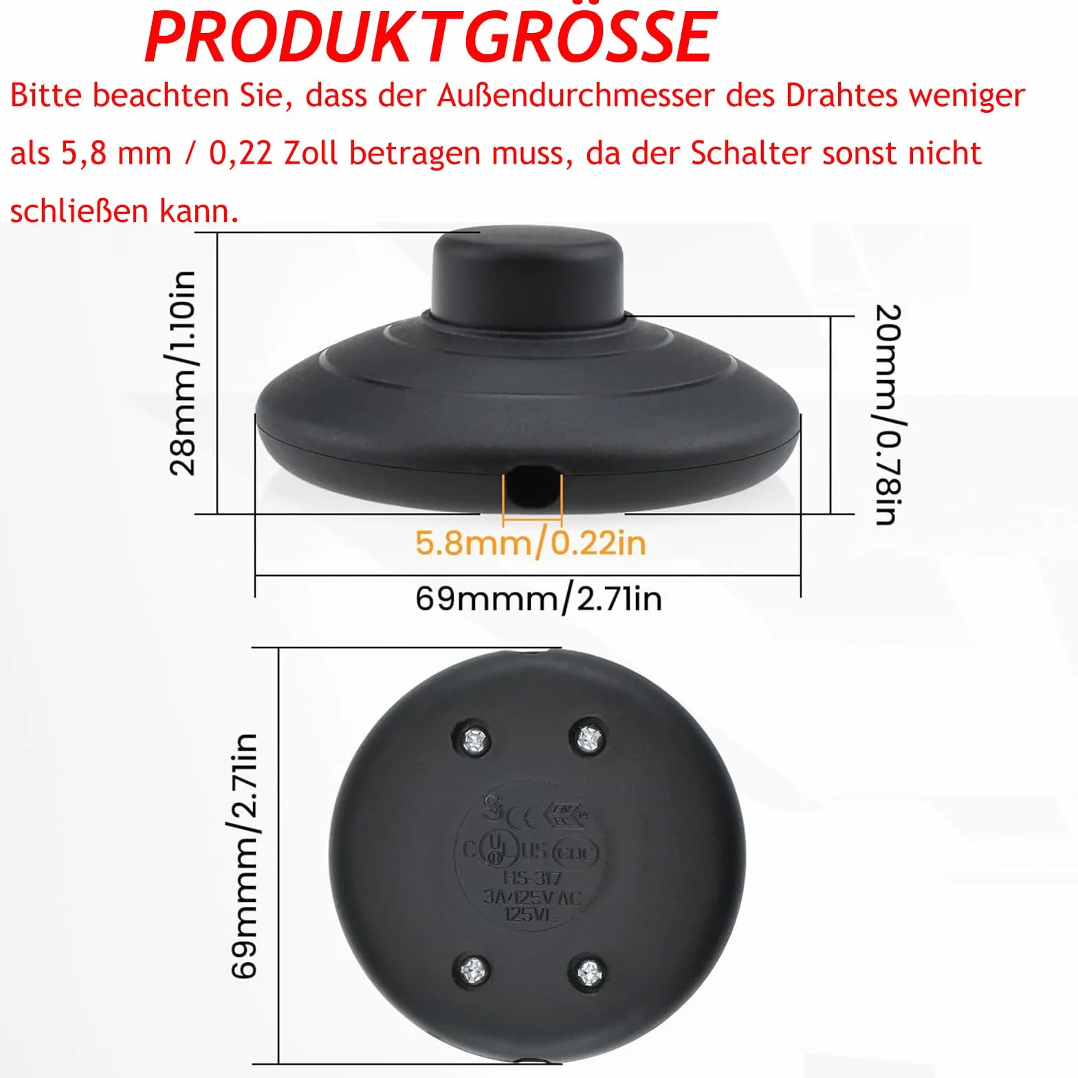 Powice Włącznik nożny, okrągły, czarny, 2 A, 250 V, lampa stojąca, przełącznik pedału