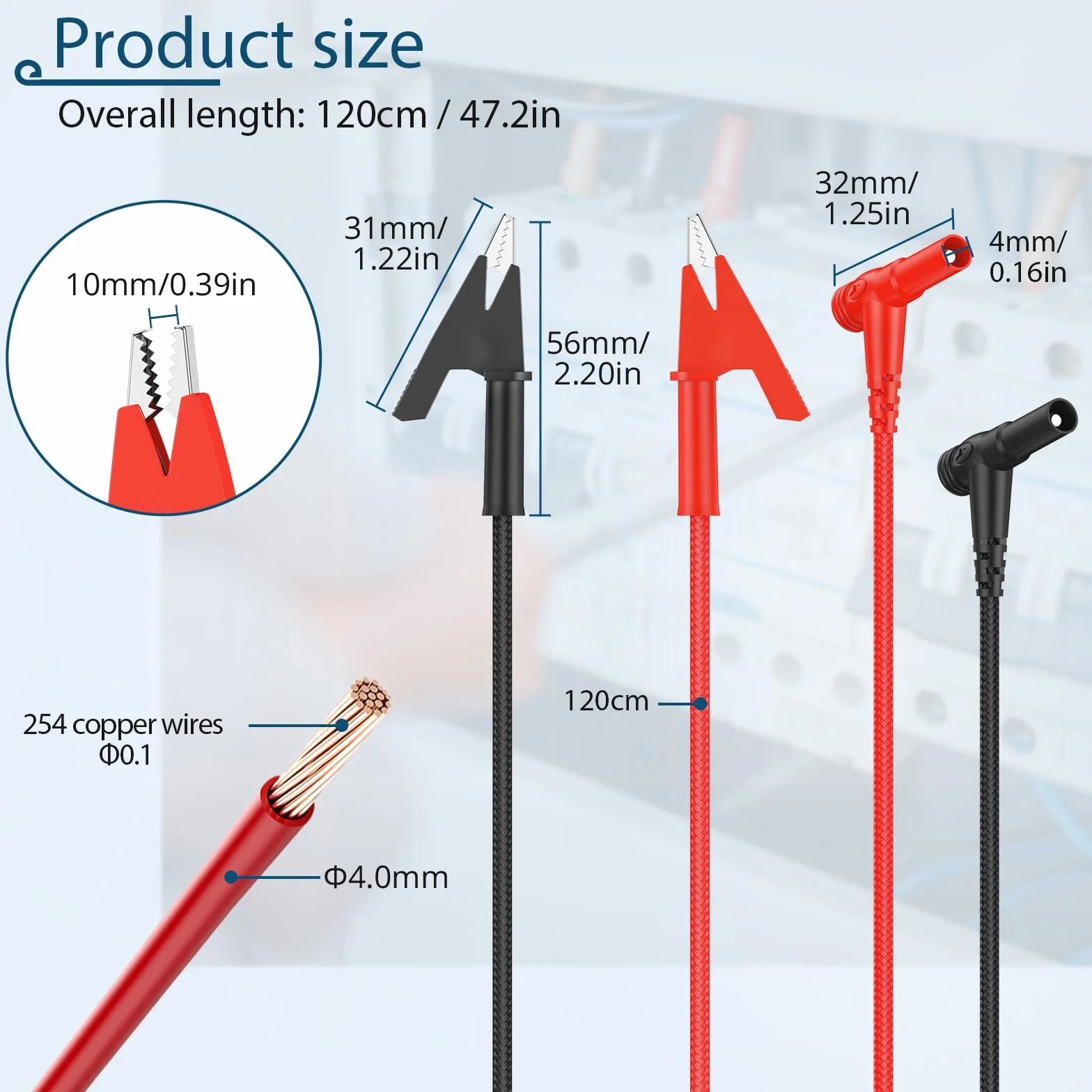 Kabel kontrolny z wtyczką bananową i zaciskiem krokodylkowym, 120 cm, 20 A/1000 V, do multimetru, zasilaczy i testów elektronicznych, izolowany, wytrzymały, czerwono-czarny – idealny do