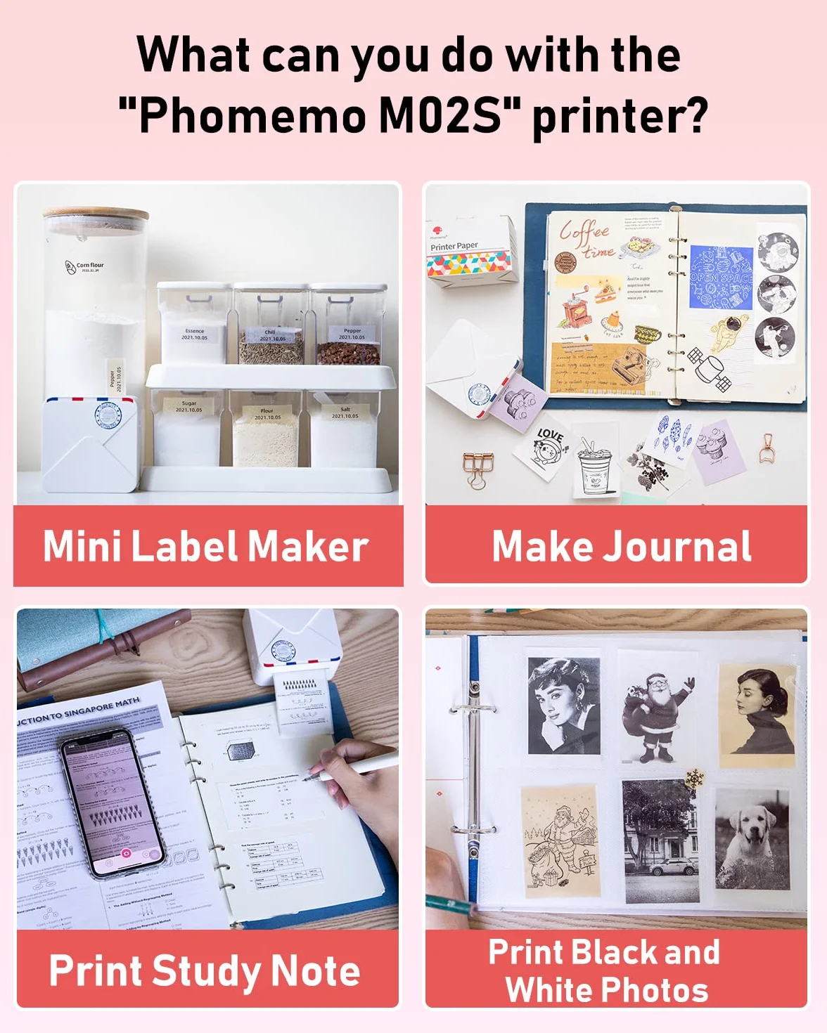 Phomemo M02S kieszonkowa drukarka 300 DPI do smartfonów, przenośna drukarka etykiet, kompatybilna z papierem 15, 25, 53 mm, idealna do nauki, scrapbookingu, zdjęć, prezentów (biała)