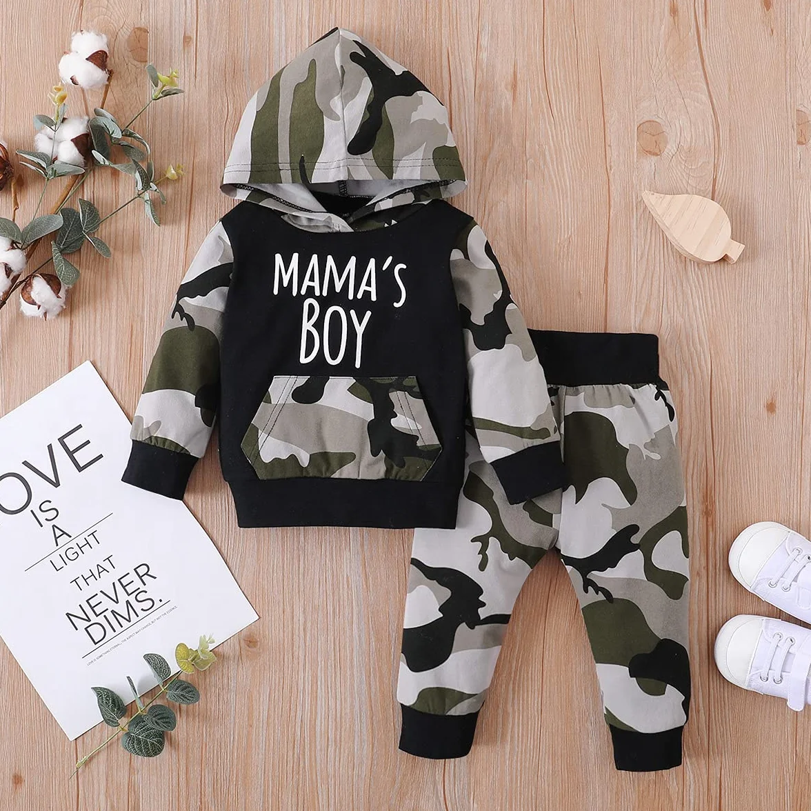Verve Jelly Toddler Kids Boys Baby Girls Odzież z długim rękawem Mama's Boy Girl bluza z kapturem Bluza Top + spodnie kamuflażowe Sweatsuit zestaw jesiennych strojów
