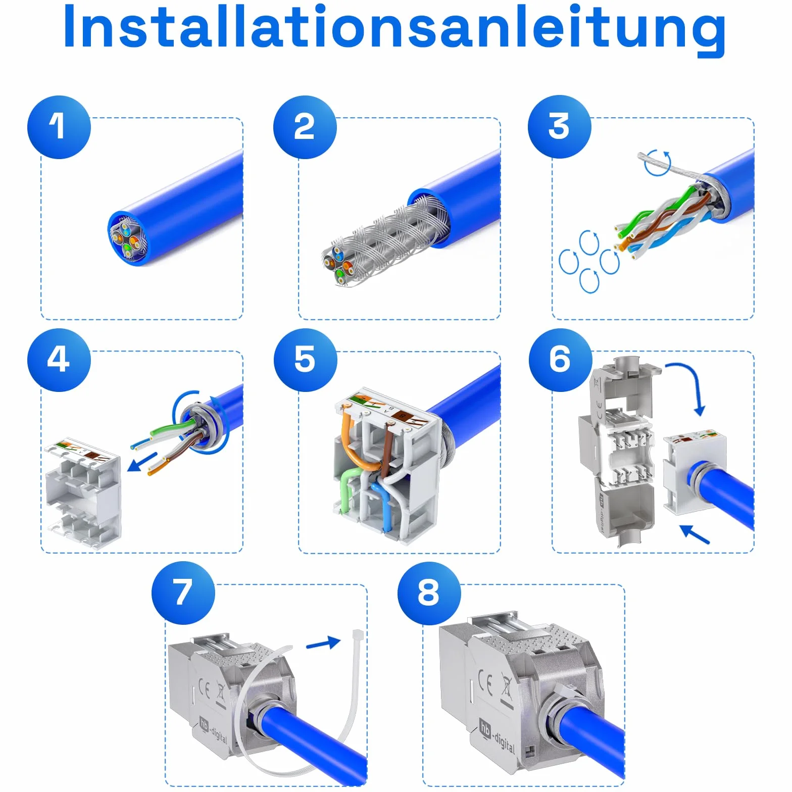 HB-DIGITAL Zestaw: 8-portowy panel krosowy obudowa do modułów Keystone + 8 x Cat.8 Keystone RJ45 gniazdo Jack do instalacji sieciowej kompatybilne z kablem instalacyjnym LAN Ethernet | jasnoszary
