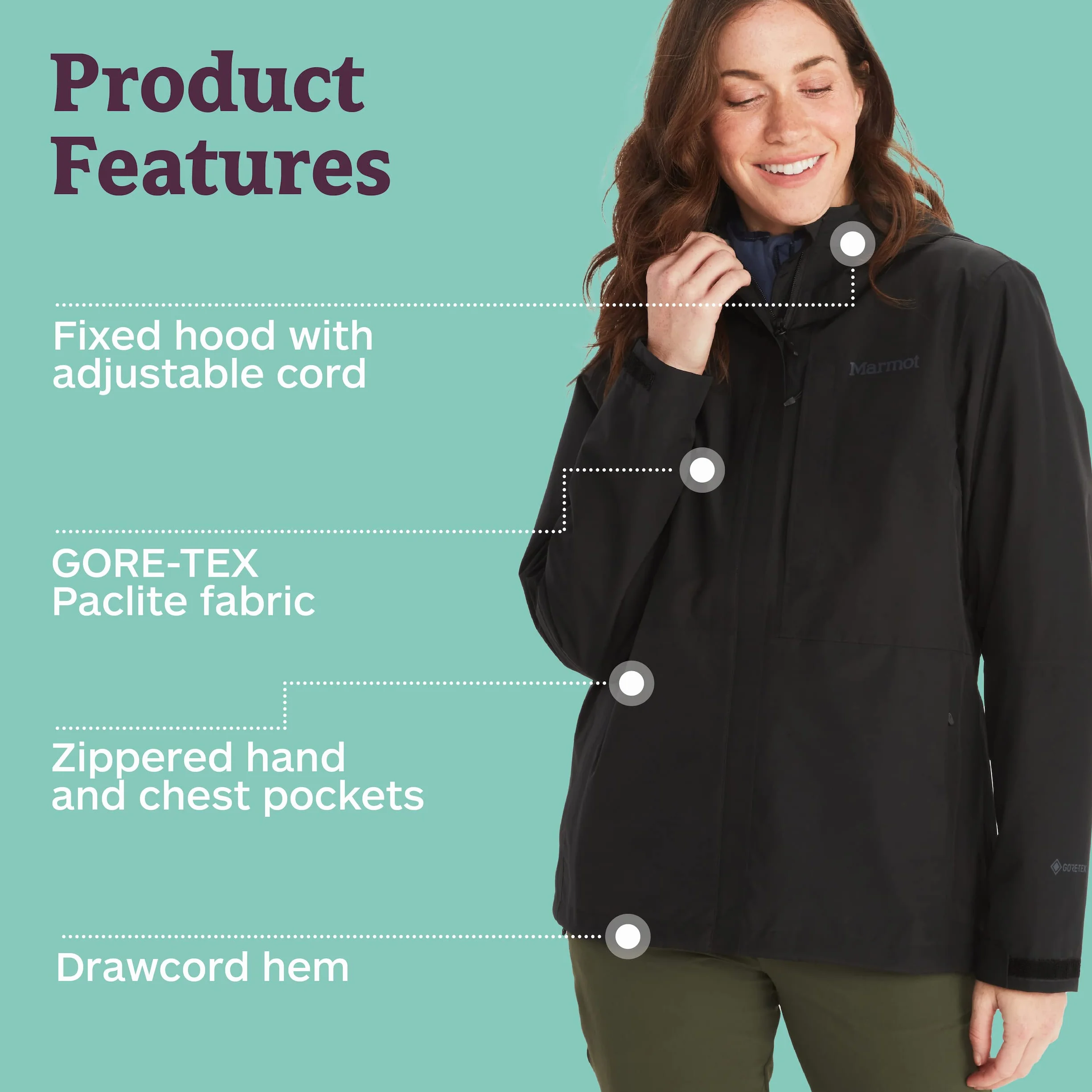 Marmot Kobiety Wm's Minimalist Jacket, Wodoodporna kurtka przeciwdeszczowa GORE-TEX, oddychający płaszcz przeciwdeszczowy z kapturem, lekka wiatrówka hardshell na wędrówki, Black, S