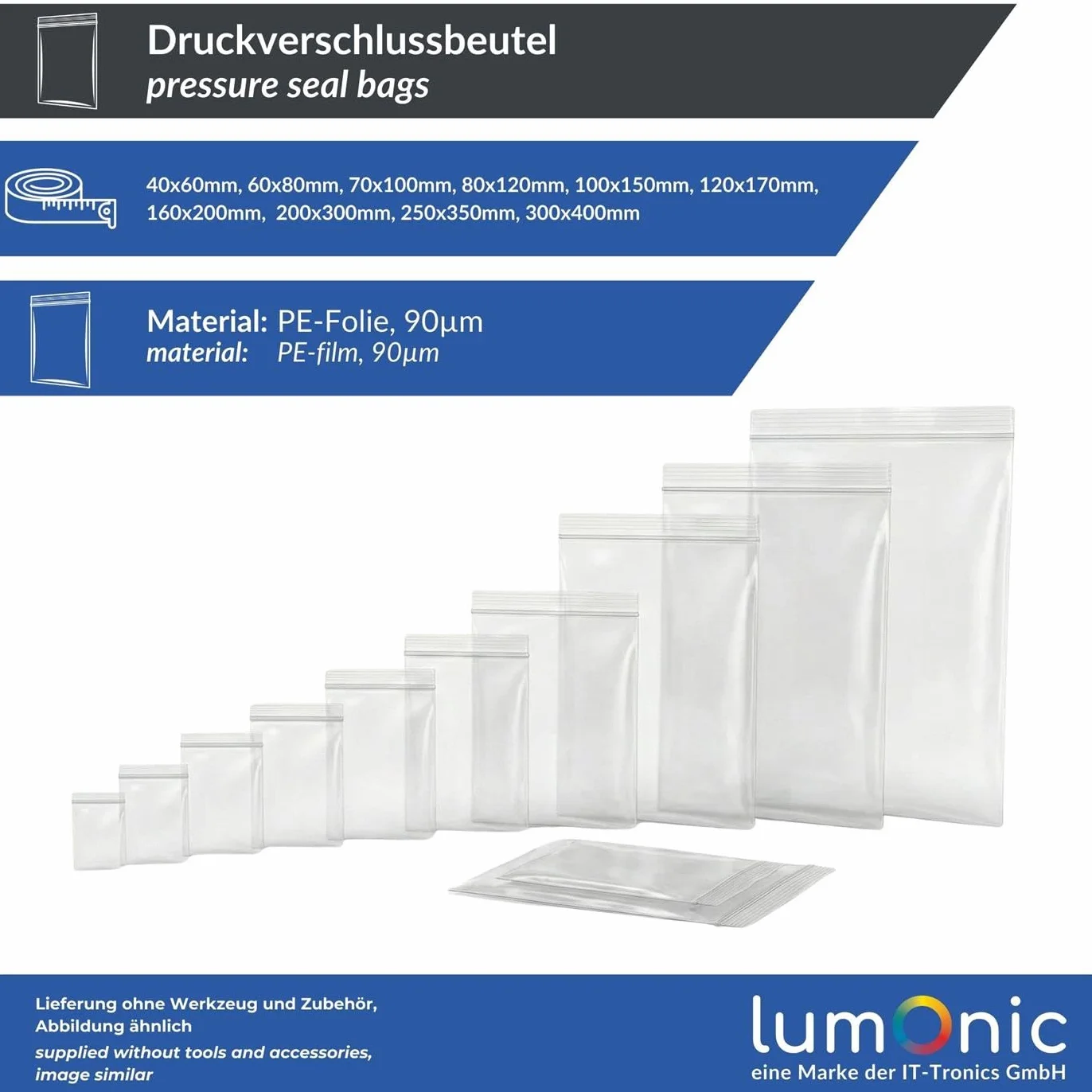 Lumonic Woreczek strunowy 80x120mm 90µm Przezroczysty odporny na rozdarcia z zamkiem blyskawicznym