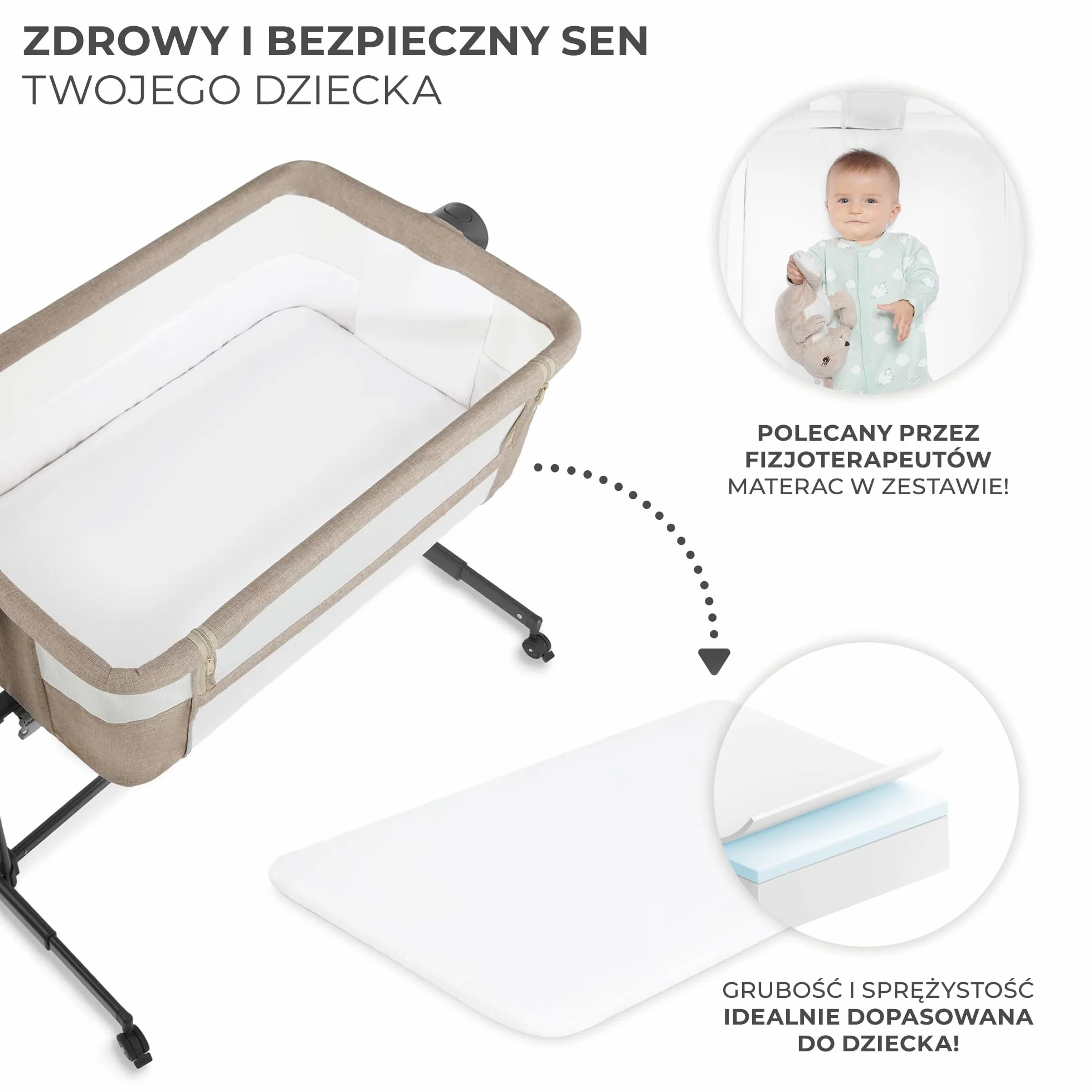 Kinderkraft NESTE UP2 Łóżeczko dostawne, Łóżko turystyczne dziecięce, Regulacja wysokości i kątu nachylenia, Materac i prześcieradło, Solidna konstrukcja, Opuszczana ściana boczna, do 9 kg, Beżowy