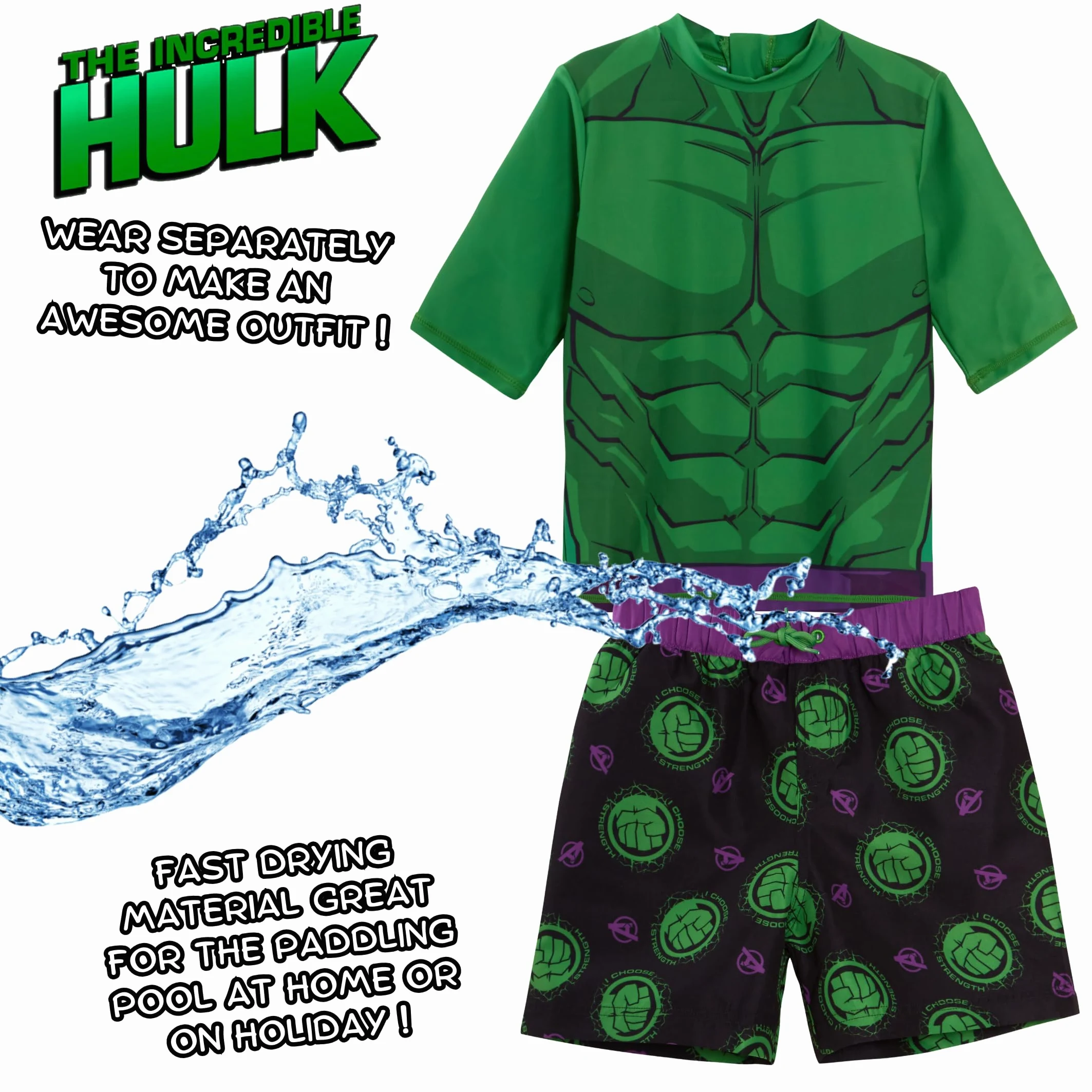 Marvel Niesamowite szorty kąpielowe Hulk + kamizelka typu Rash, 2-częściowy zestaw kąpielowy, top surfingowy + szorty
