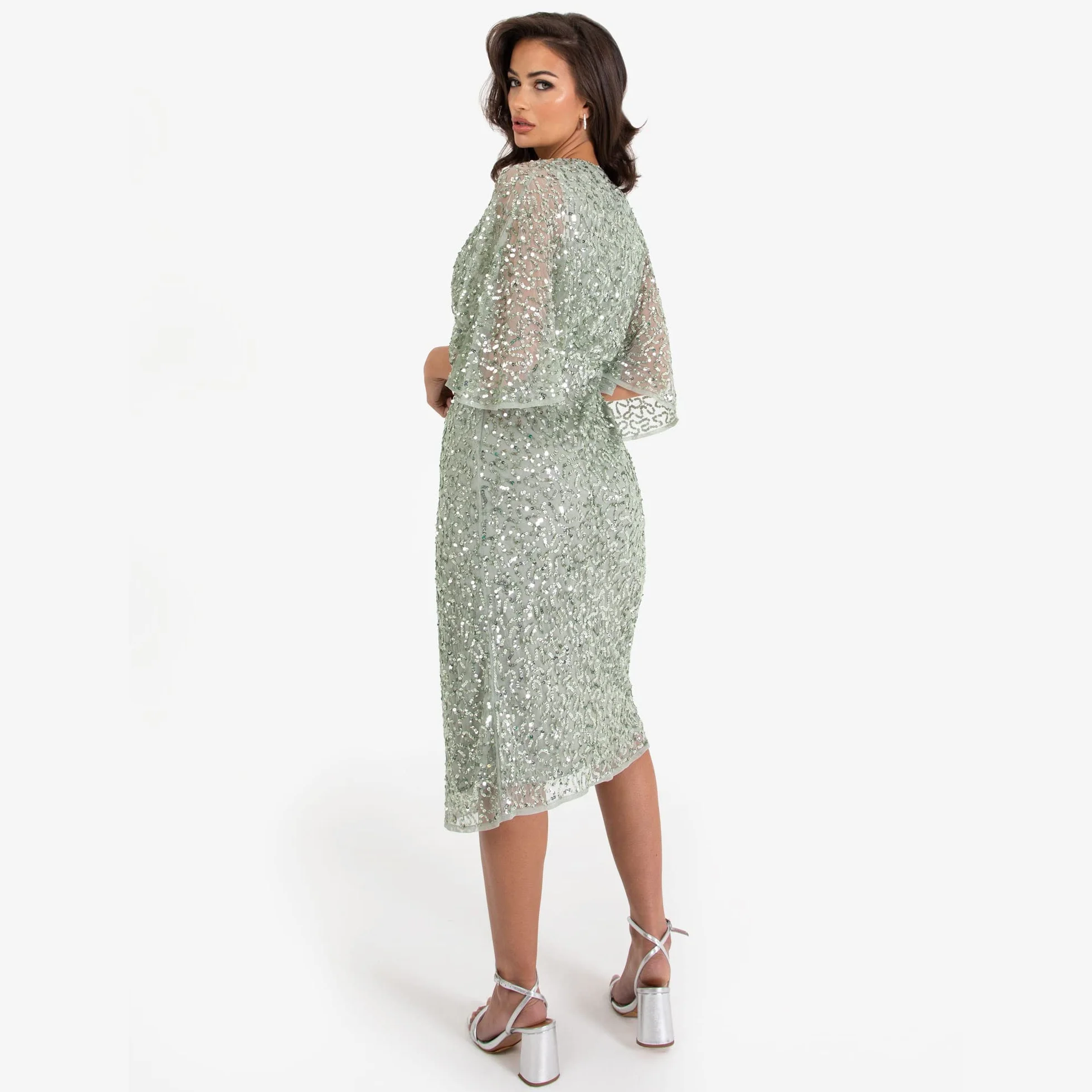Maya Deluxe Sukienka Kobiety Womens Midi Dress Ladies Sequin Embellished Cape Sleeve Wrap Dress For Wedding Guest Bridesmaid Cocktail Prom Evening