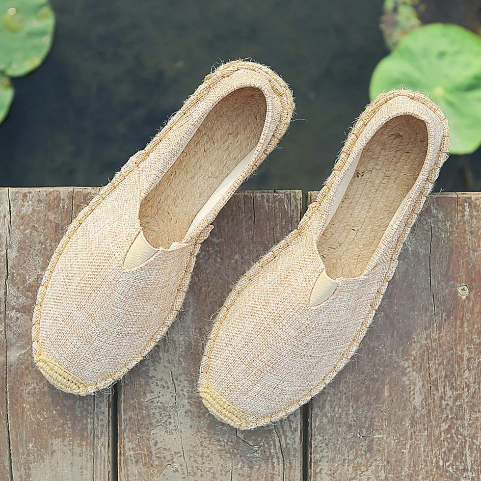 Słomiane buty plażowe, lniane, męskie, płócienne, espadryle, damskie, wsuwane, płaskie